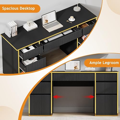 Miniatura 5 de Escritorio ejecutivo de 58 pulgadas con 7 cajones, escritorio negro y dorado con cajones de archivos para dormitorio, escritorio de oficina en casa