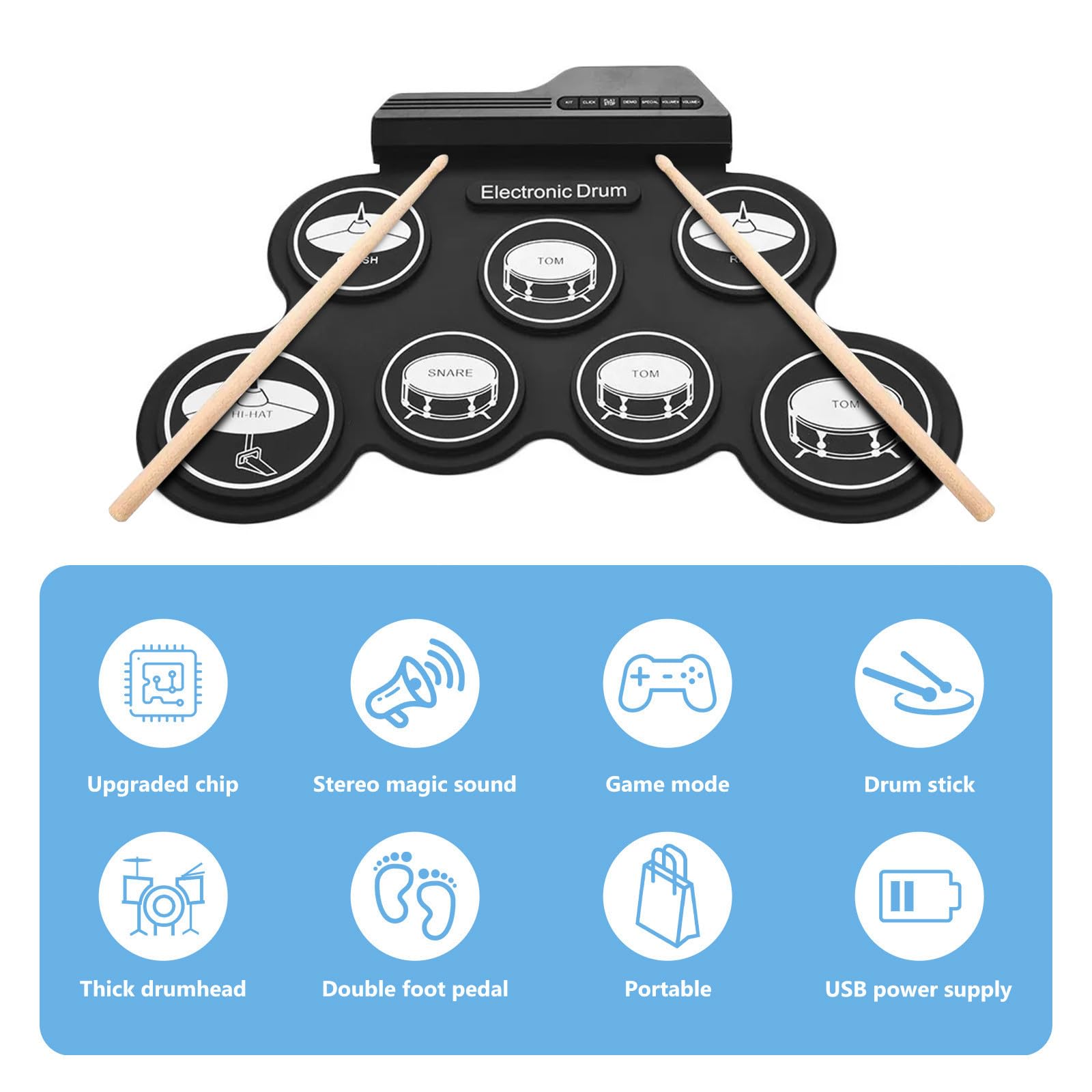 Batería Electrónica Portátil USB Pads de Silicona y Abs, Función Metrónomo Incorporado, Adecuado para Práctica Silenciosa y Transporte Cómodo