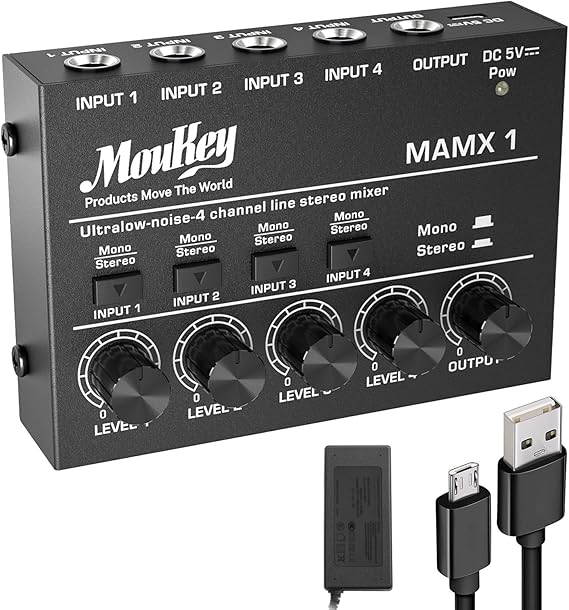 Moukey 4Stereo Mini Audio Mixer, Ultra LowNoise 4Channel Line Mixer