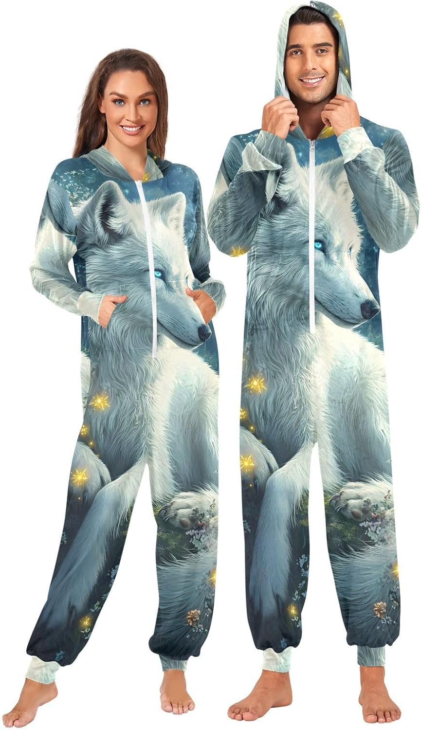 GAIREG Wolf Print Men Women One-Piece Costumes Sleepwear, Hooded Adult Christmas Pajamas