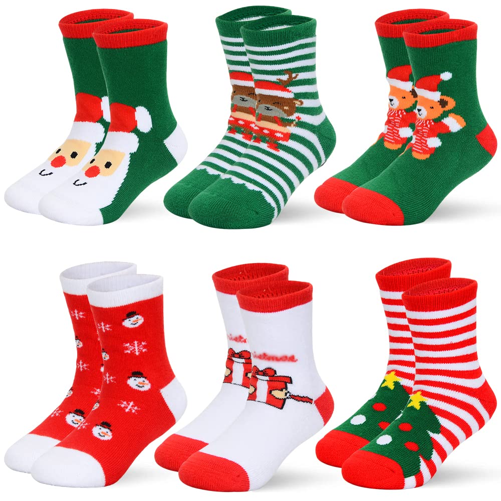 HOUSTAR 6 Pairs Kids Christmas Socks, Winter Warm Cute Super Soft Cotton Knit Xmas Print Socks Kids Slipper Socks for Toddler Children Girls Boys Christmas Gifts