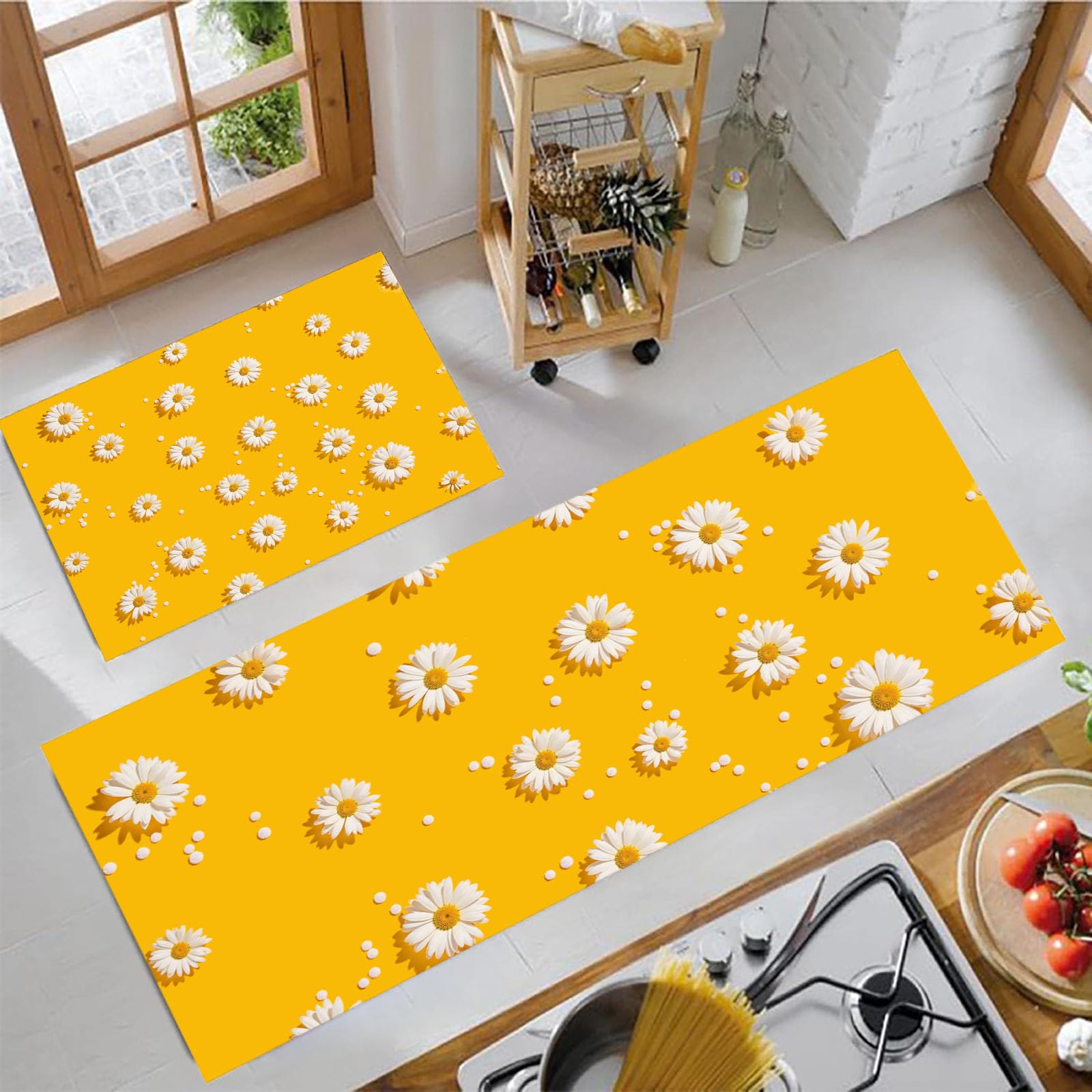 Tapis de cuisine antidérapant et absorbant lavable lot de deux grand format motif jaune