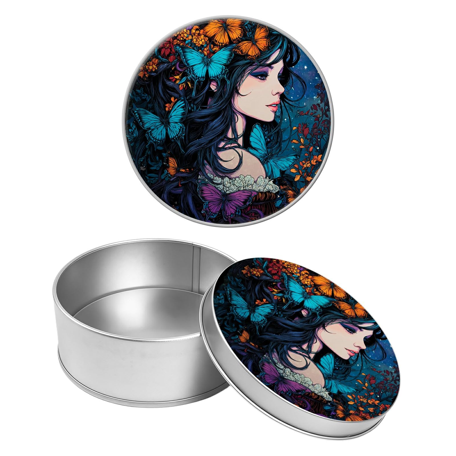 Round Metal Tin Container with Removable Lid, Butterfly Girl Durable Metal Storage Box for Crafts Snacks Candies Office Supplies Small Items 3.54 x 1.38 inch– Single Pack