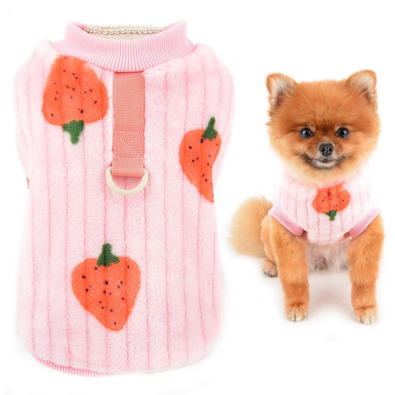 SMALLLEE_LUCKY_STORE Dog Fleece Jumpers for Small Dogs Cat Pet Pullover Sweatshirt with Strawberry Print and D-ring
