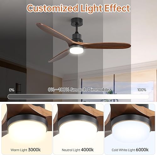 Miniatura 3 de Sofucor Ventilador de techo de 60 pulgadas con luces, control remoto, aspas de nogal, luz regulable, reversible, motor de CC, ventiladores de techo
