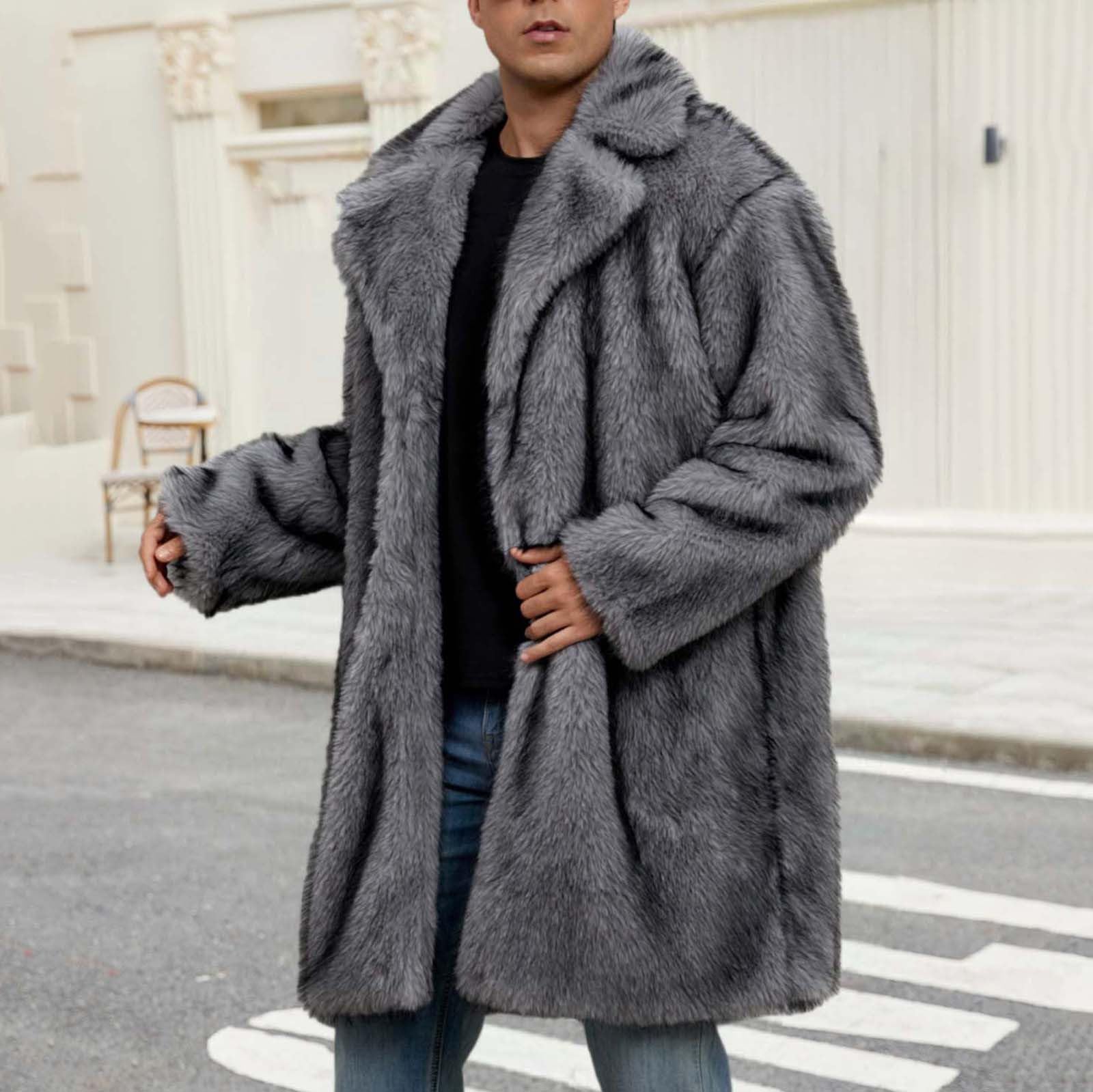 Abrigo de piel sintética para hombre, cárdigan largo de invierno con frente abierto, chaqueta de forro polar mullido, cuello vuelto, abrigo cálido, gabardina, gabardina, viajes, fiesta