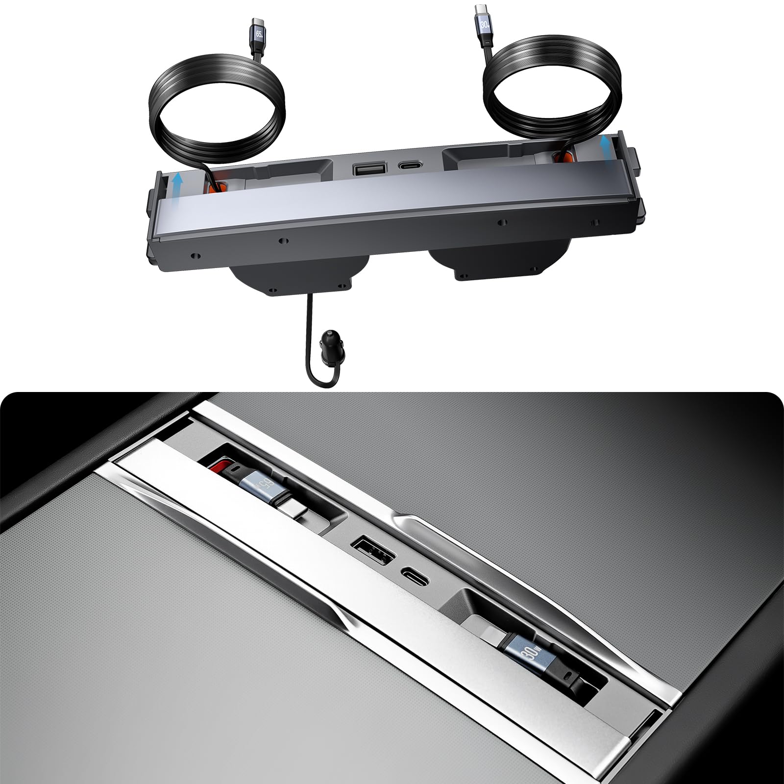 YONZEE Cargador de teléfono USB 4 en 1 para Tesla Model Y Juniper 2026 2025 y Model 3 Highland 2024-2026, carga rápida de 65 W, estación de acoplamiento de consola central con 2 cables retráctiles de
