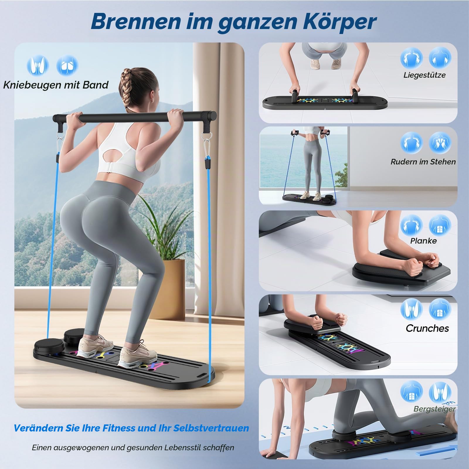 Mini-Pilates-Trainer, 6-in-1 mit intelligentem Zähler, Pilatesbrett mit Widerstandsbändern, automatischer Rückprallrolle, zusammenklappbares Bauchbrett