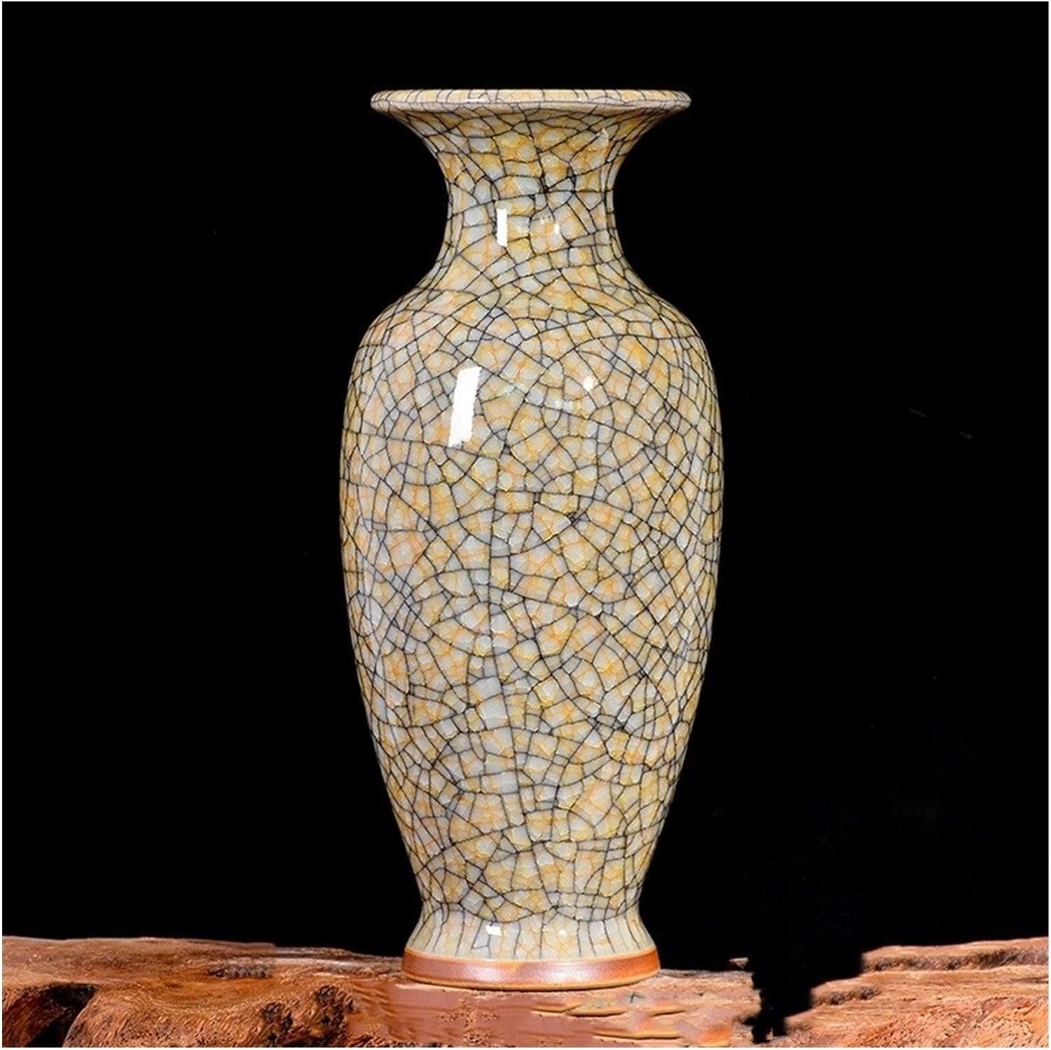 Vase Desktop Chinese Antique Cracked Jun Porcelain Vases Modern Ice Crack Ceramic Vase Ornament Tall Floor for Living Room Decor(C)