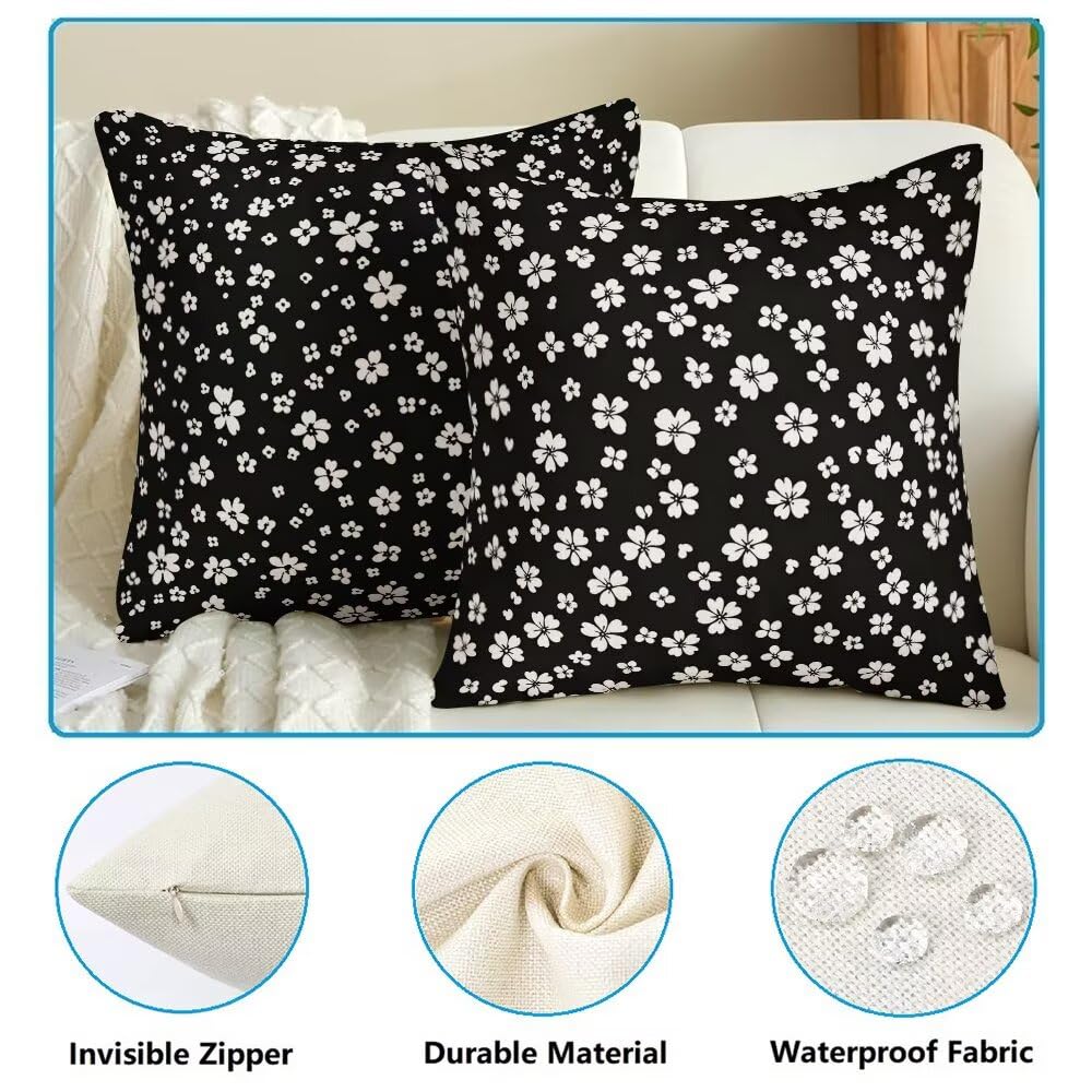 Federe Cuscini da Esterno Impermeabili 65x65 Bianco e Nero Copri Cuscini per Divano Floreale Federa Cuscino Primavera Decorativi Copricuscini per Divano Giardino Patio Soggiorno Set di 2 (IU143)