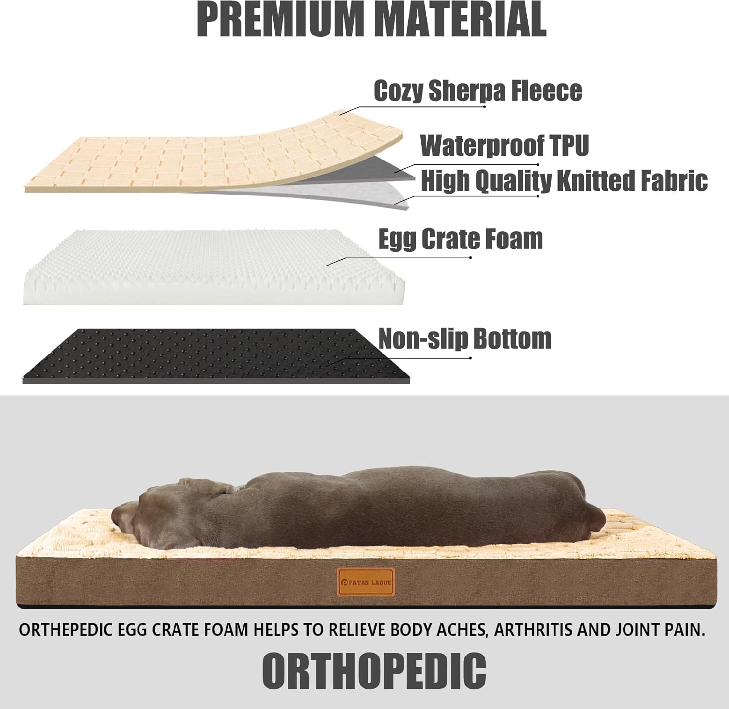 review Patas Lague Checkered Orthopedic XL Dog Bed for Large Dogs 42''X28'', Waterproof Big Large Dog Beds with Removable Washable Cover,Egg Crate Foam Pet Bed Mat with Nonskid Bottom, Brown