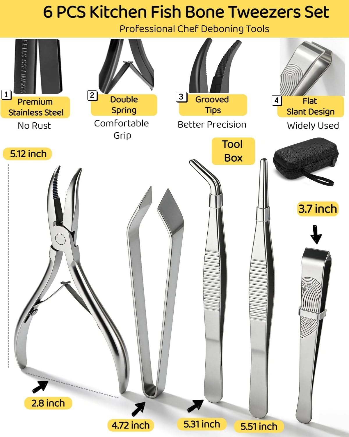 6 PCS Fish Bone Tweezers Set, Stainless Steel Fish Bone Pliers, Kitchen Fish Pin Deboner Tools, Professional Chef Deboning Tweezers, Flat Slant Bone Remover for Salmon, Trout
