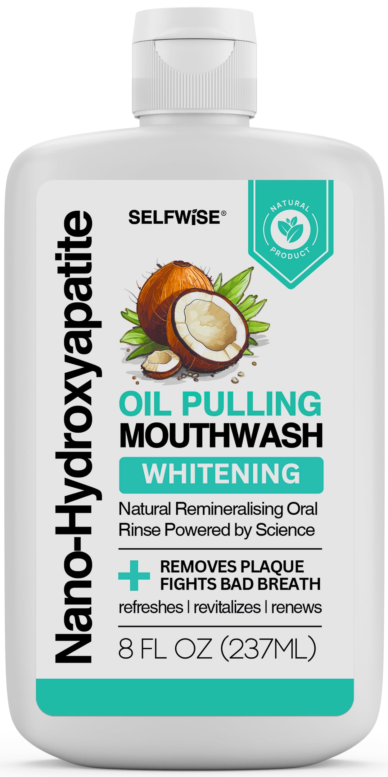 Nano-Hydroxyapatite Oil Pulling Whitening Mouthwash for Teeth and Gums, Natural & Organic, Whitens Teeth, Strengthens Enamel, Fights Bad Breath & Plaque – Smooth & Non-Greasy – for Adults & Kids