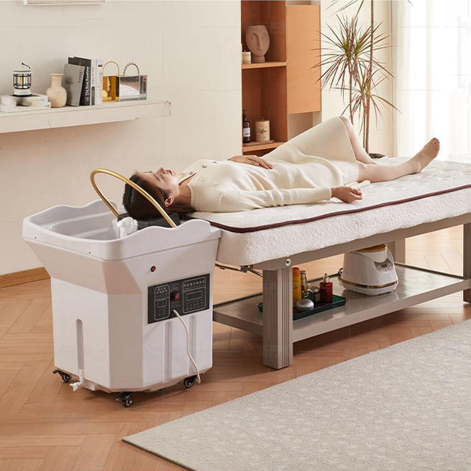 Japanische Head-Spa-Ausrüstung Mobiles Shampoo-Becken für Massage-Shampoo-Bett mit 60-l-Wassertank 4 Universalräder Shampoo-Becken All-in-One-Shampoogerät,Standard
