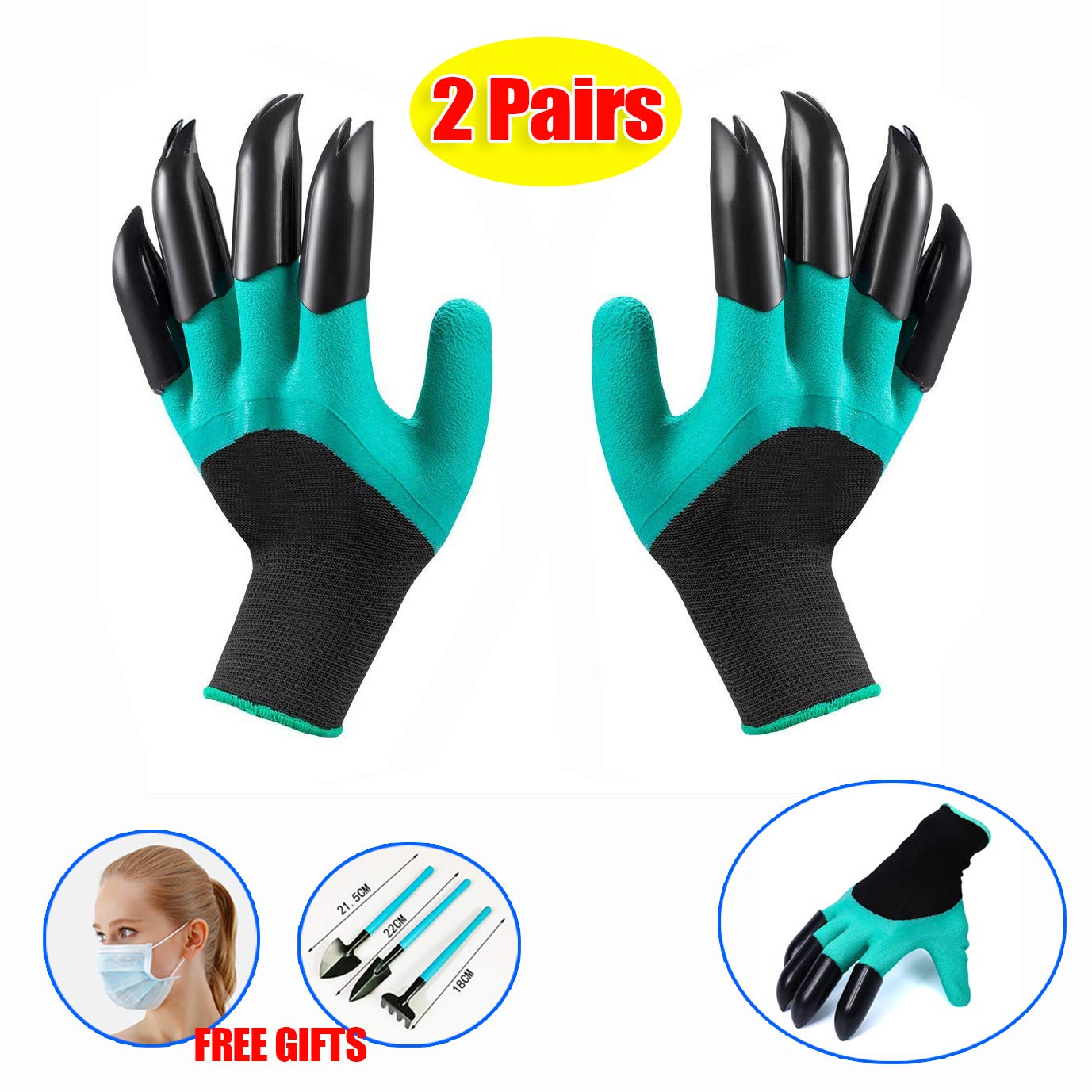 GreatforUGarden Genie Gloves with Double Claws, Waterproof Non-slip Garden Gloves Working for Digging Planting Sowing Weeding Potting, Best Gardening Gifts for Gardener, Women, Men (Green 2 Pairs)