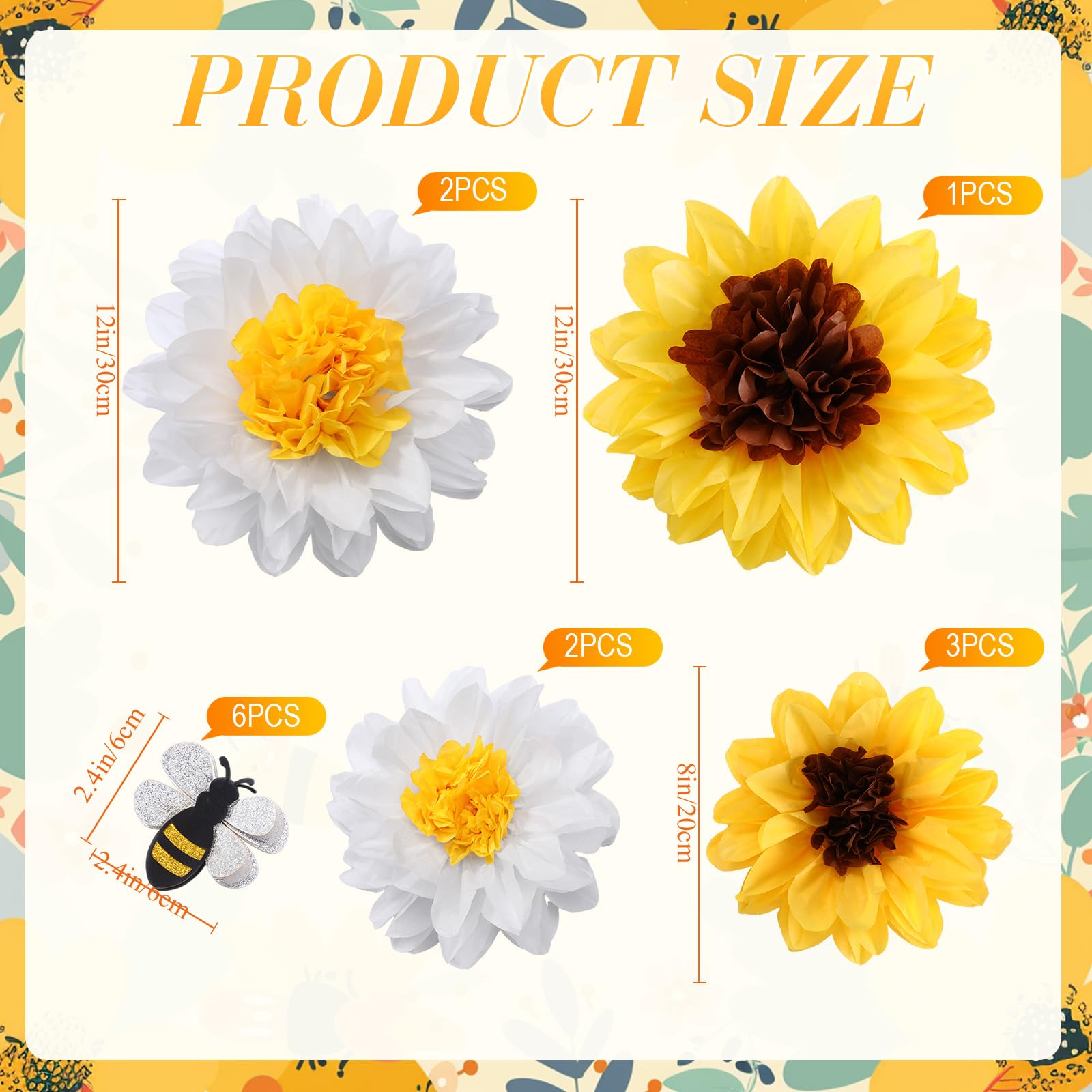 Feifeiya 14 Pcs Sunflower Daisy Tissue Paper Pom Poms Flower Bee Cutout Decorations Yellow Brown White 12