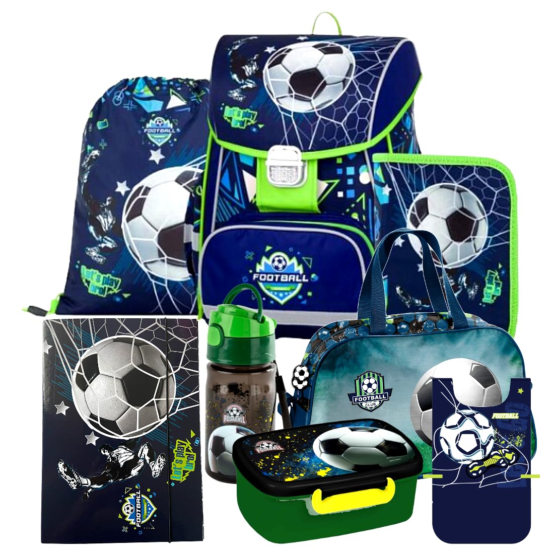 Fussball Football Ball Fußball 8 Teile Set SCHULRANZEN Tornister Ranzen mit Sticker-von-Kids4shop TASCHE