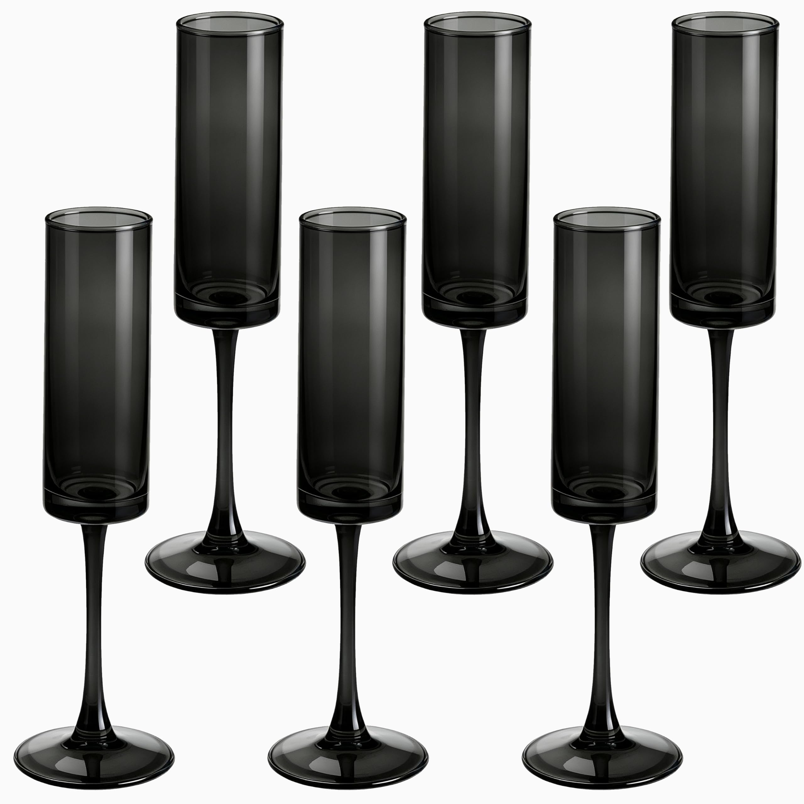 6 Pieces Black Champagne Flutes 6 OZ Straight Sided Wine Glasses Champagne Long Stem Drinking Colored Glasses,Set of 6 Hand Blown Champagne Flutes Goblets for Wedding Cocktail Cups,Cava, Prosecco