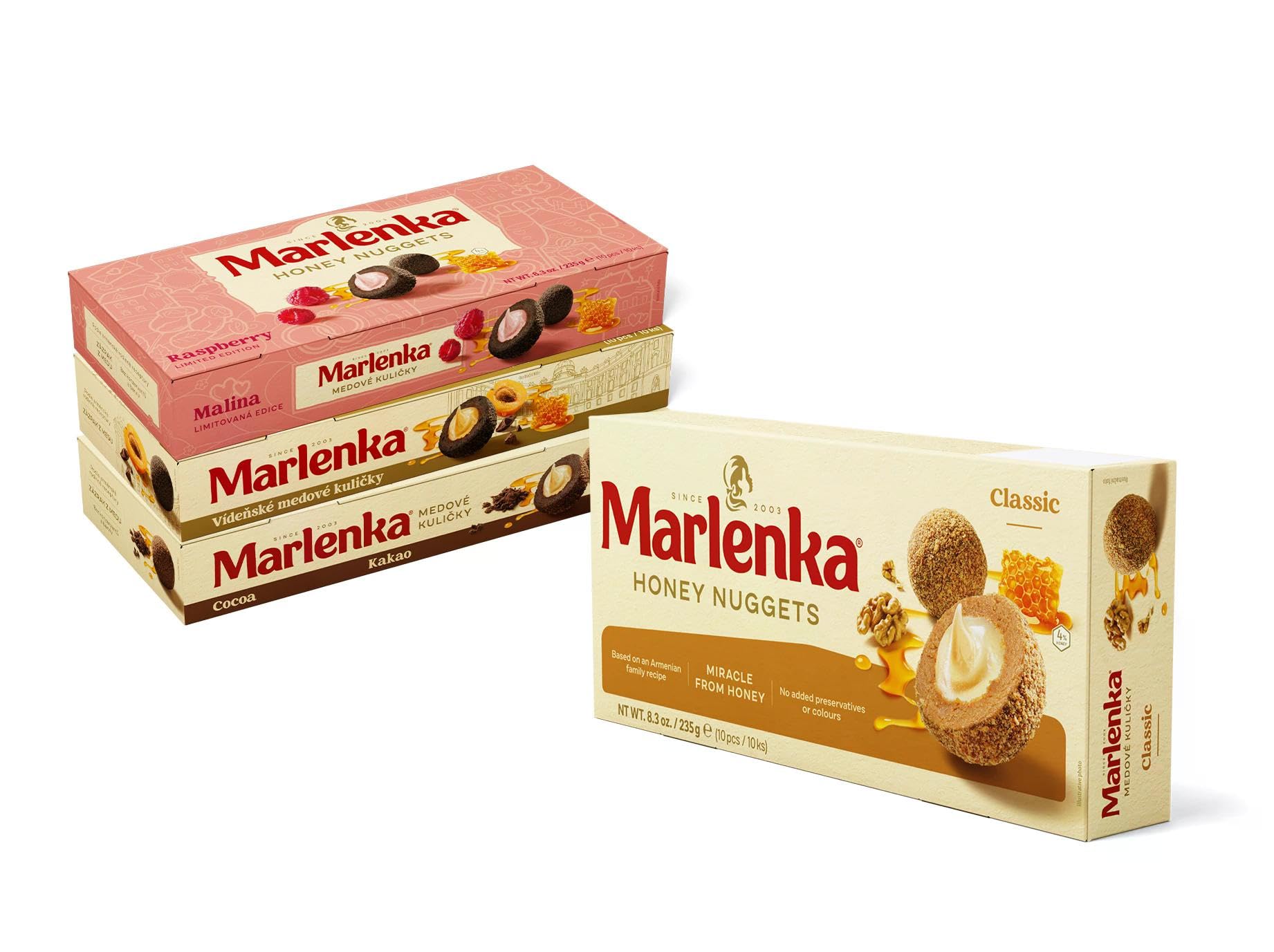 Marlenka Honigkugeln 3 + 1 Pack Mix | Delicious Honey Nuggets | Gebäckkugeln mit Honig | 4 x 10 Bälle | 4 x 235g | Süßigkeiten Großpackungen | Süssigkeiten schmecken ähnlich wie Marlenka Kuchen