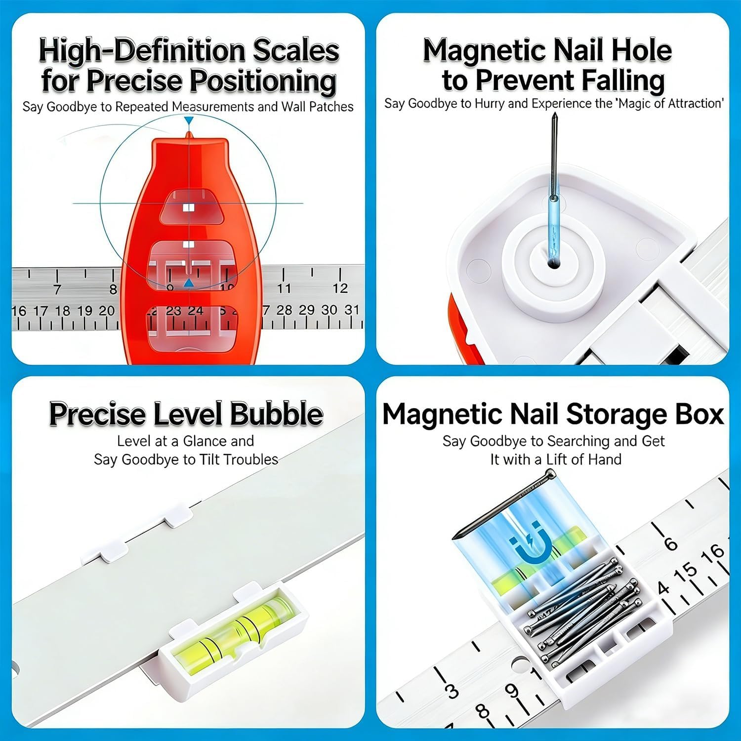 Level Ruler Bilder Aufhängung Tool mit Wasserwaage, 3-in-1 Präzisions Lineal mit Markierfunktion, Einfaches Bilder Aufhängen ohne Fehler, Vermeidet unnötige Löcher, für Rahmen, Spiegel & Wanddeko DIY
