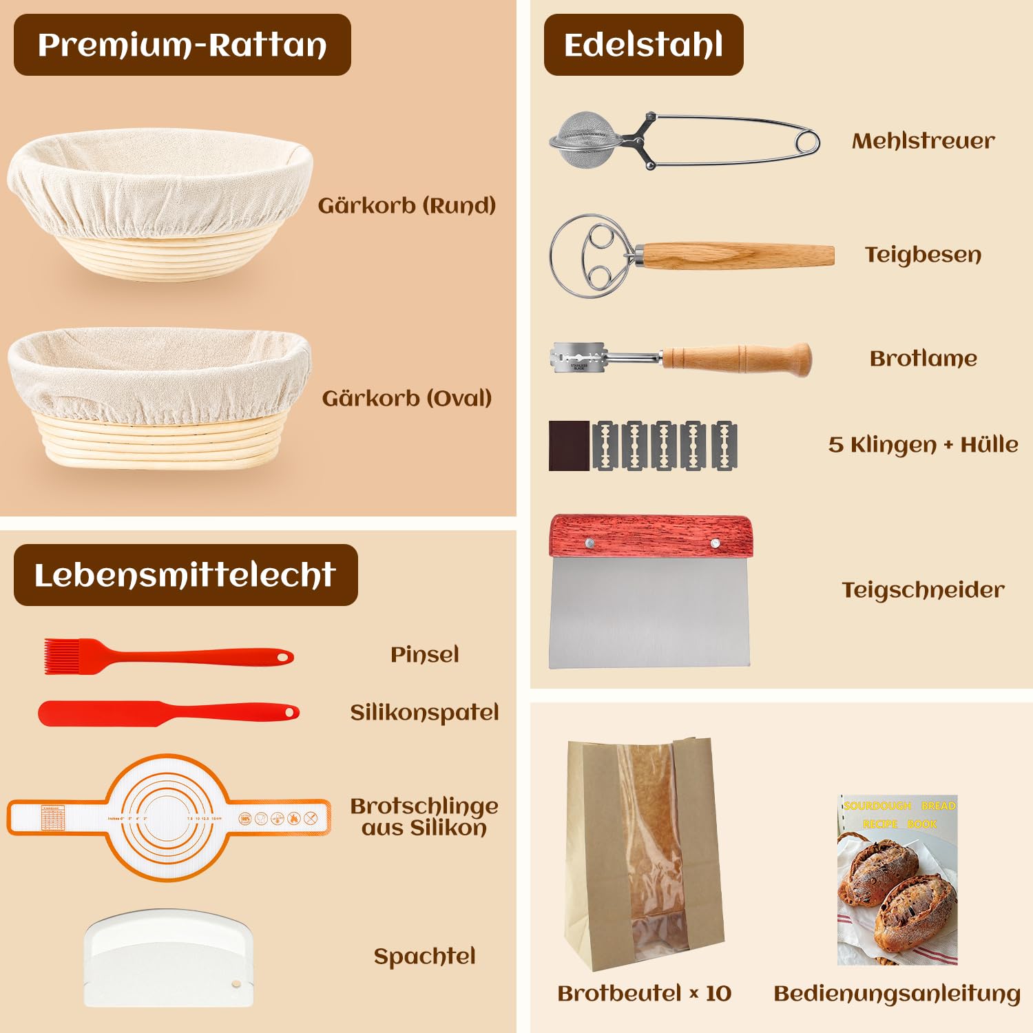 Gärkörbchen Sauerteig Starter Set, 2 Rattan Gärkörbchen (25cm Ovale & 23cm Runde), Sauerteig Glas, Komplett Brot Backen Zubehör Set, Geschenk für Anfänger & Fortgeschrittene Bäcker