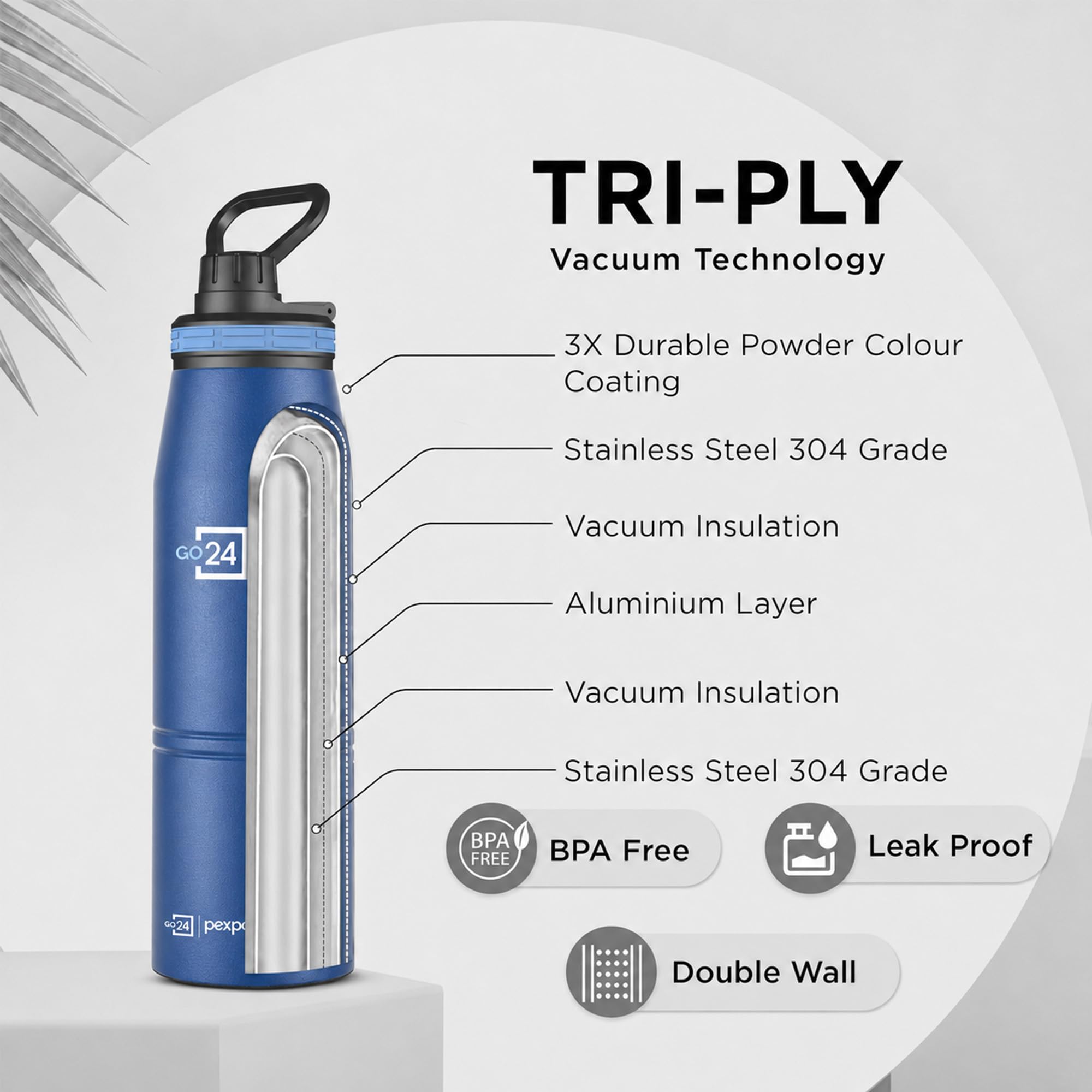 Go24 pexpo Stainless Steel Water Bottle 1 Litre, 3 Layer Vacuum Insulated — Amazon image 8