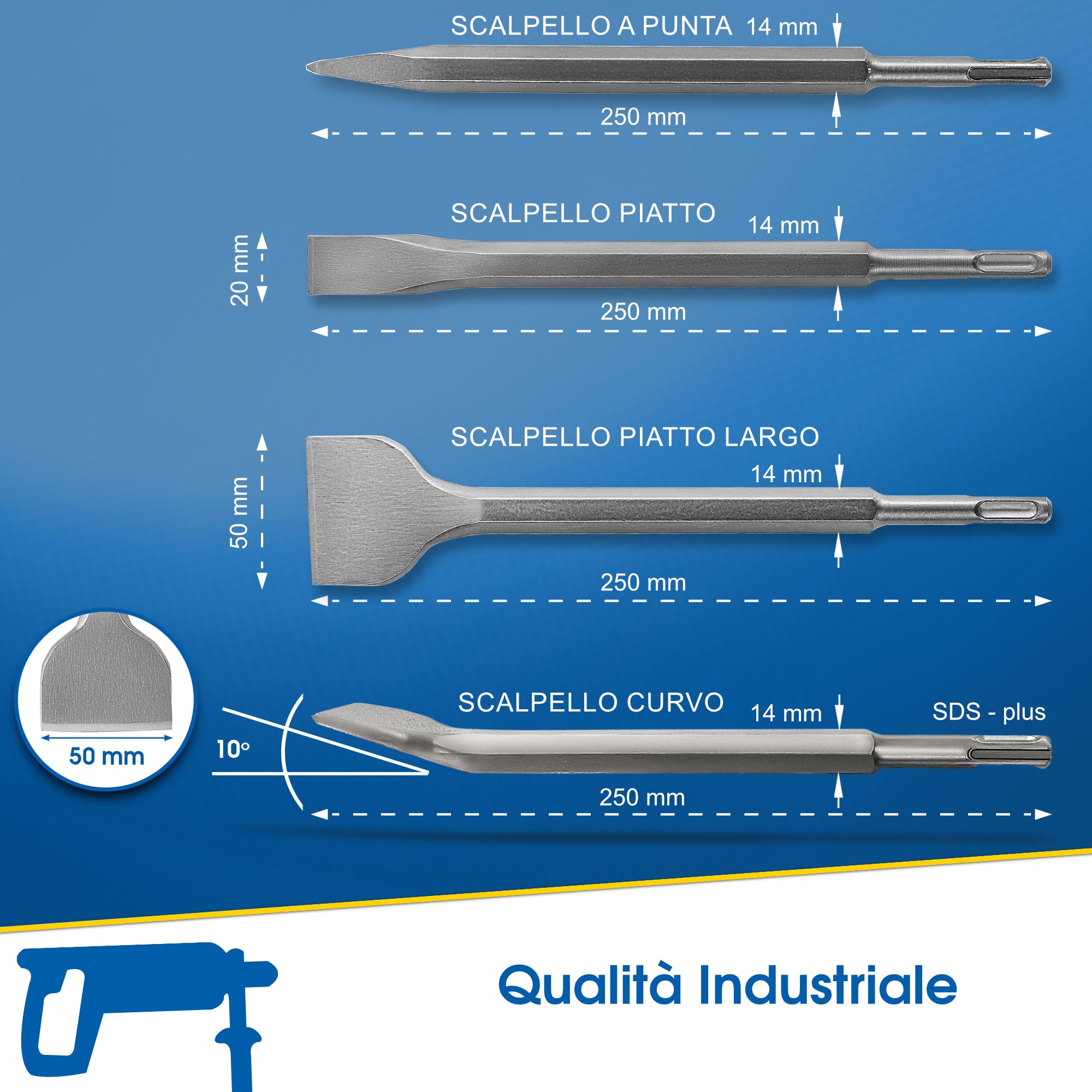 S&R Set di 4 Scalpelli SDS-Plus per Piastrelle Tracce Muro Muratura Calcestruzzo Pietra per Trapano Bosch Makita Metabo Dewalt e altre marche