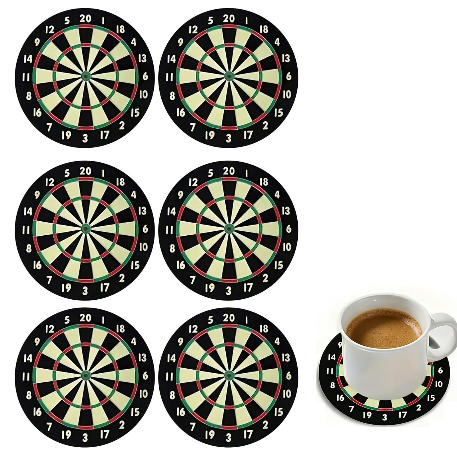 Vbvoo Black And Yellow Dartboard Style Beer Mats 6 Pcs – Darts Coasters Set 10 Cm – Cork Wooden Coasters For Home Pub – Dart Theme Drink Mats