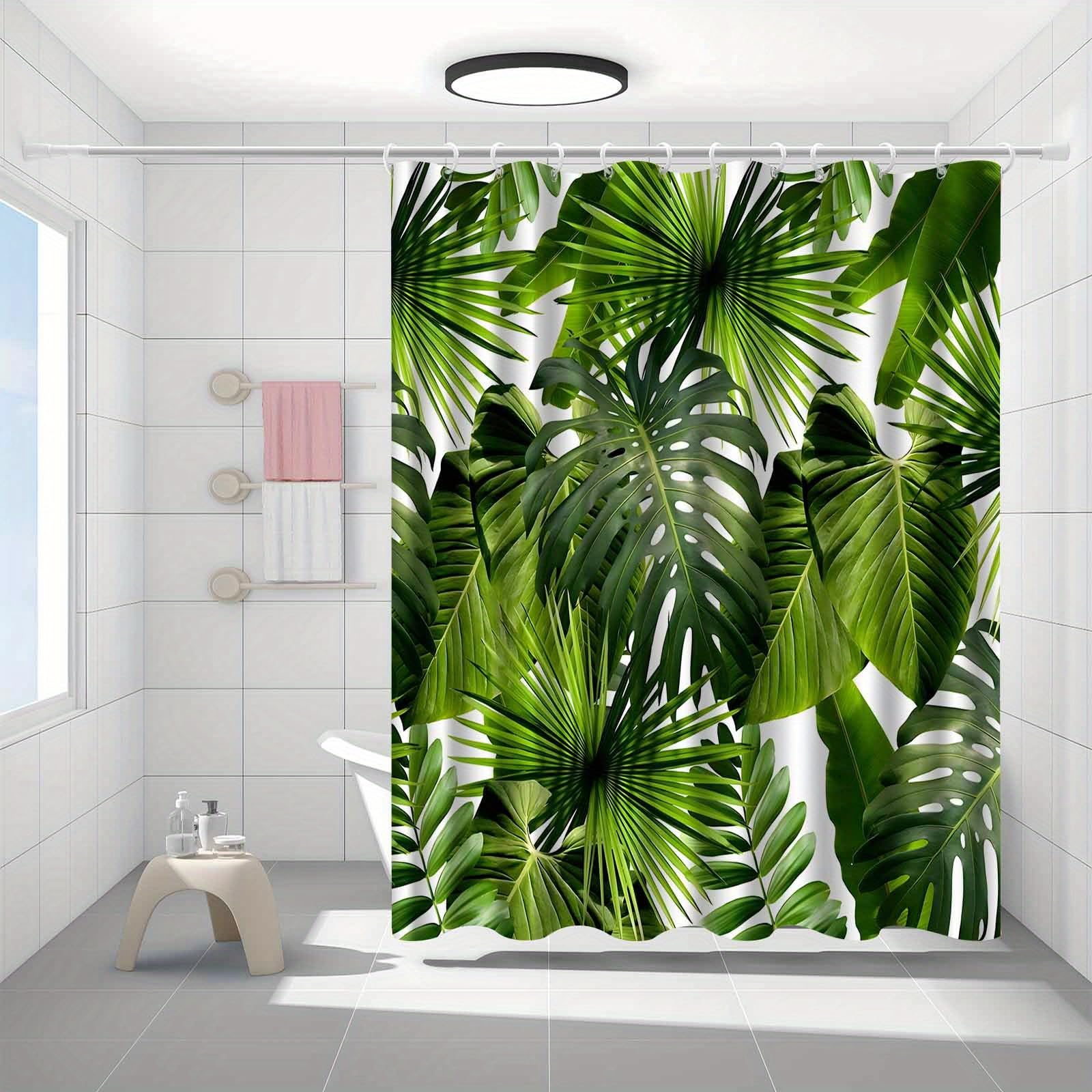GLKSDLPO 1pc Tropical Palm Leaf Green Plant Pattern Shower Curtain, High-End Elegant Bathroom Curtain Shower Curtain With hook(130x183cm/51x72in(WxH))