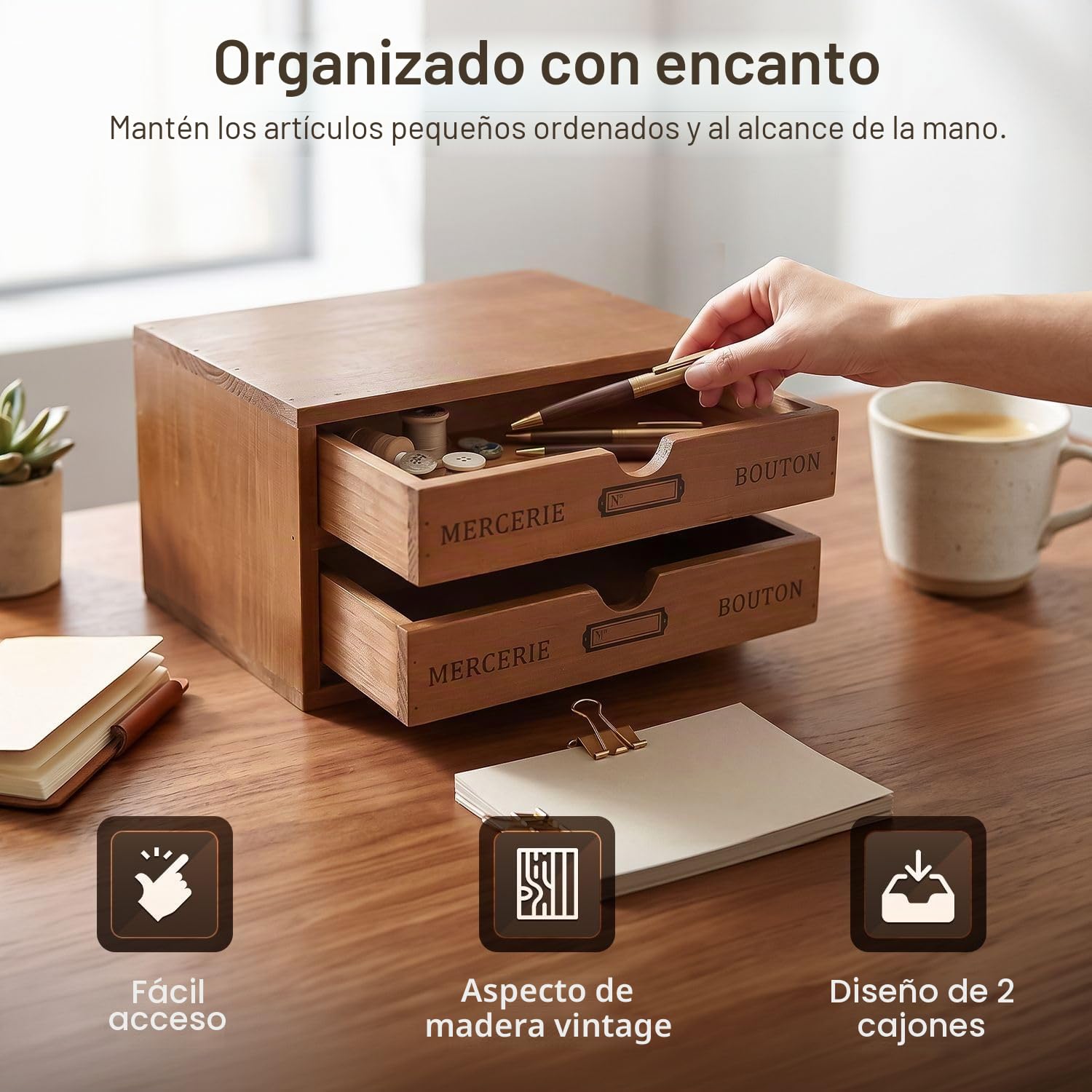 Flexzion Organizador de suministros de oficina de escritorio de madera con 2 cajones de almacenamiento, gabinete de mesa de madera de 2 niveles, caja de accesorios de escritorio para encimera, para el