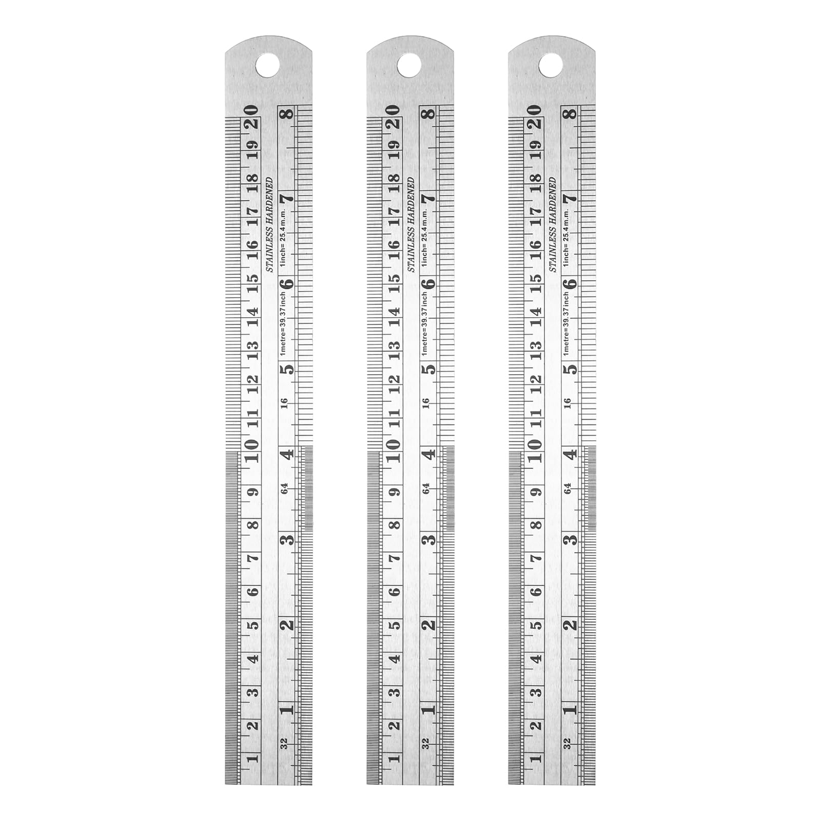 sourcing map 3pcs Stainless Steel Metal Ruler 20cm/8" Dual Scale Metric Inch Straight Edge Measuring Tool with Conversion Table (1")