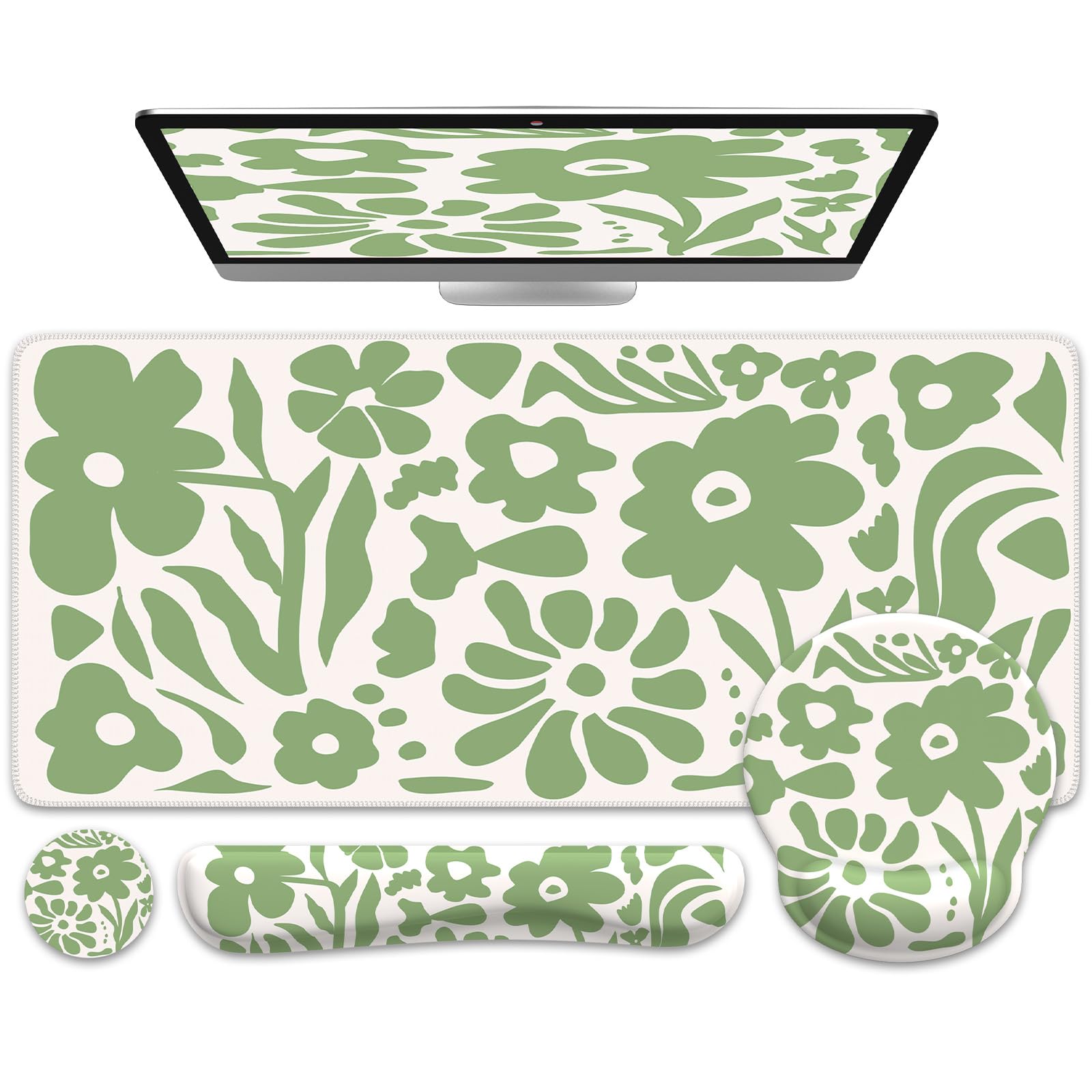 iCasso Tapis de Bureau 4 en 1 à Motif Floral avec Repose-Poignet, Tapis de Souris Ergonomique antidérapant XXL pour Ordinateur Grand Ordinateur avec Support de Poignet pour Clavier et Souris (Vert)