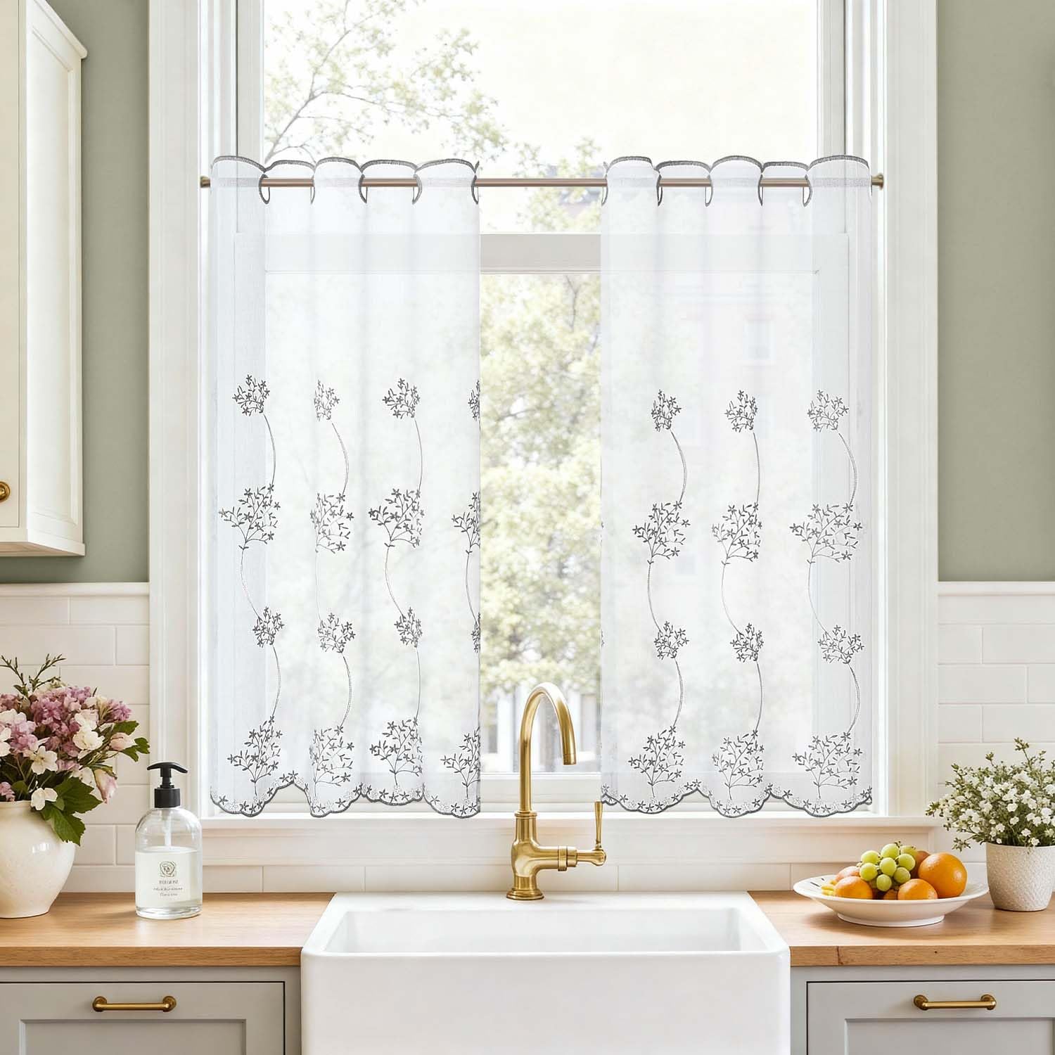 TOPICK Scheibengardine Küche lichtdurchlässig Bistrogardine Wohnzimmer modern Küchengardinen Gardine Schals Fensterschal Kurzgardine für Küche Küchenfenster Landhausstil