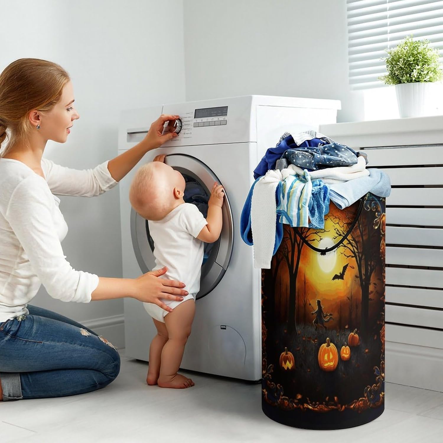 Halloween Party Laundry Hamper with Handles Waterproof Collapsible Laundry Basket Large Lightweight Round Dirty Clothes Hamper for Home Dorm Bathroom Decor