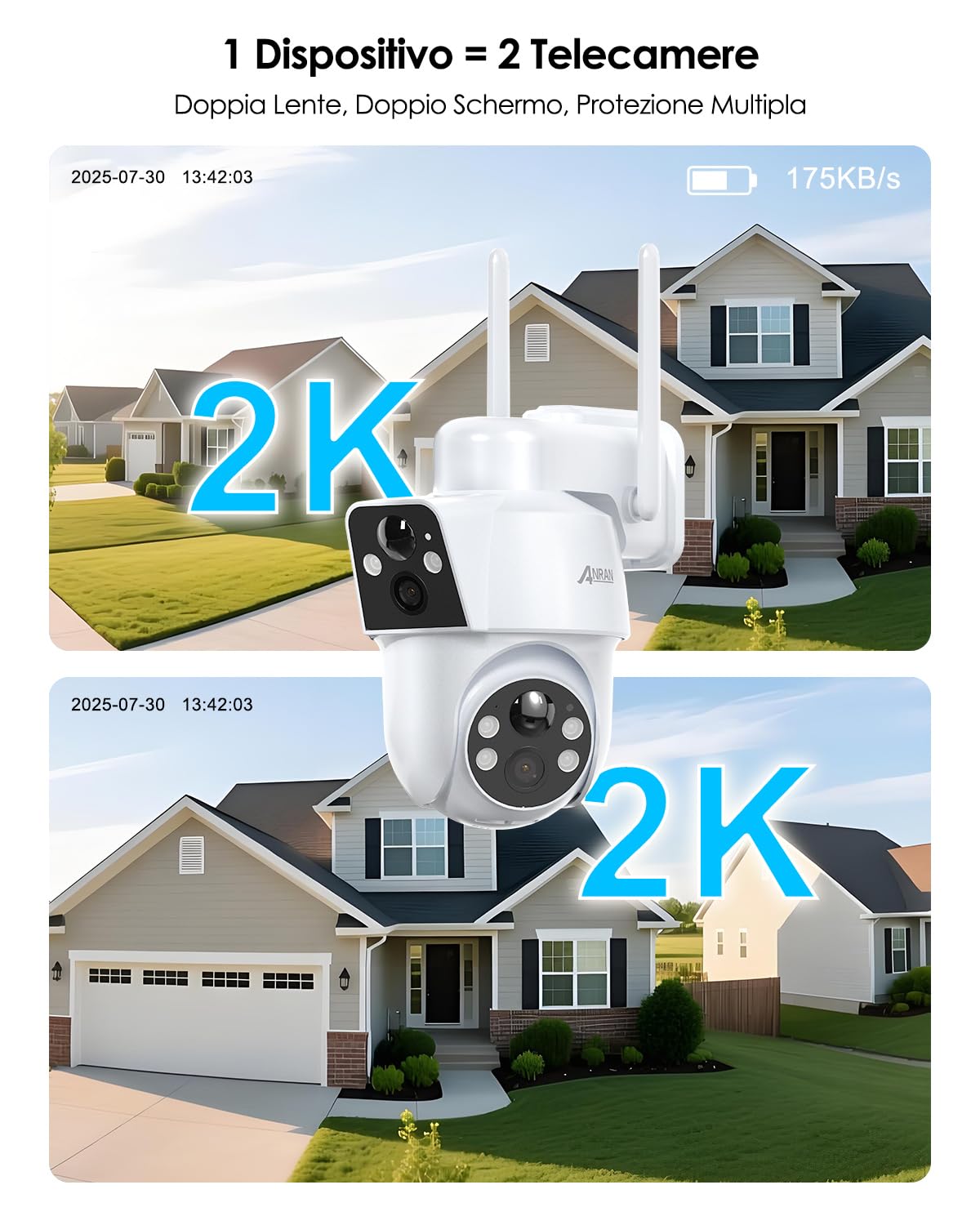 ANRAN 2-in-1 Dual-Lens 360°/180° WIFI Telecamera Esterno Solare, 2Pcs | 2K PTZ Telecamera CCTV Wireless con Visione notturna a Colori, Rilevamento del Movimento PIR, Audio Bidirezionale