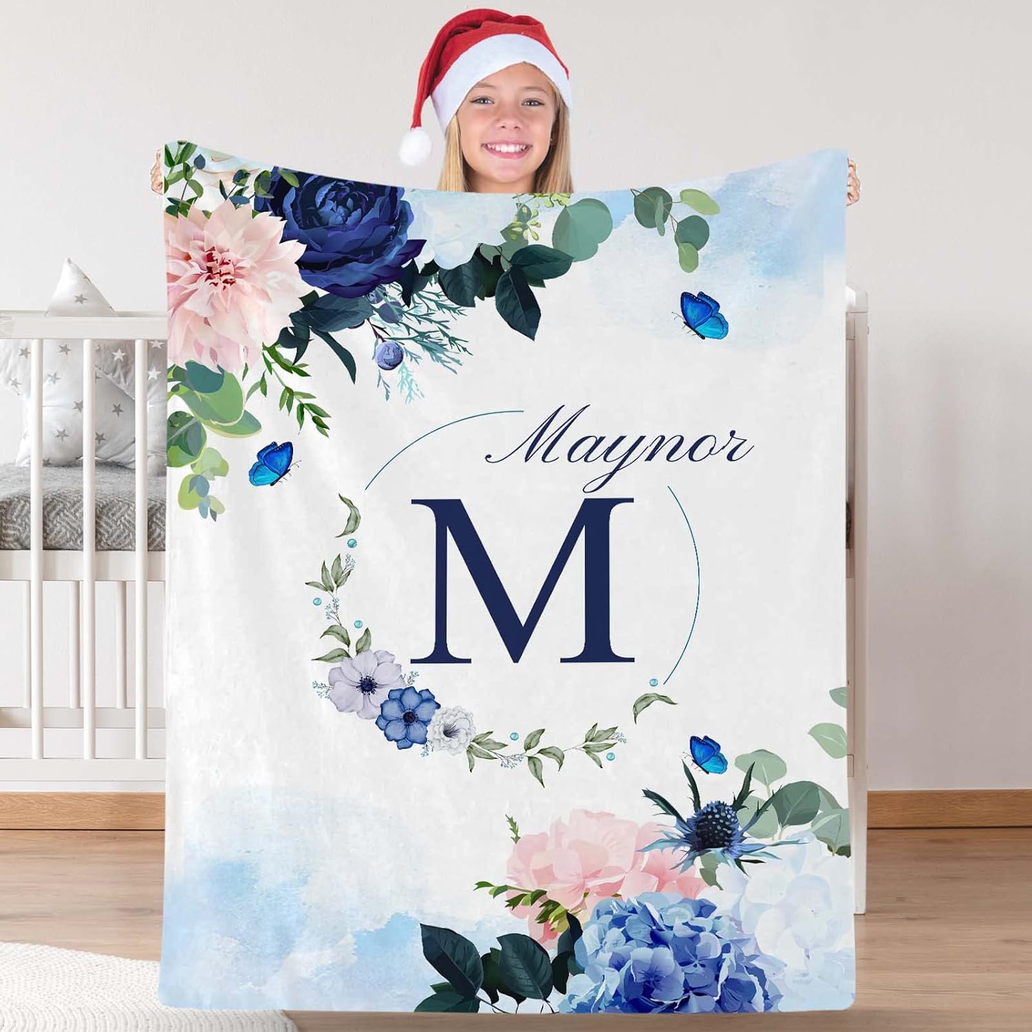 Custom Baby Kids Blanket with Name and Initial Personalized Flower Baby Blankets Customized Name Blanket for Girl Boy, Ultra Soft Lightweight Warm Flannel Blanket Suit for Couch Bed Sofa Home, 50"x60"