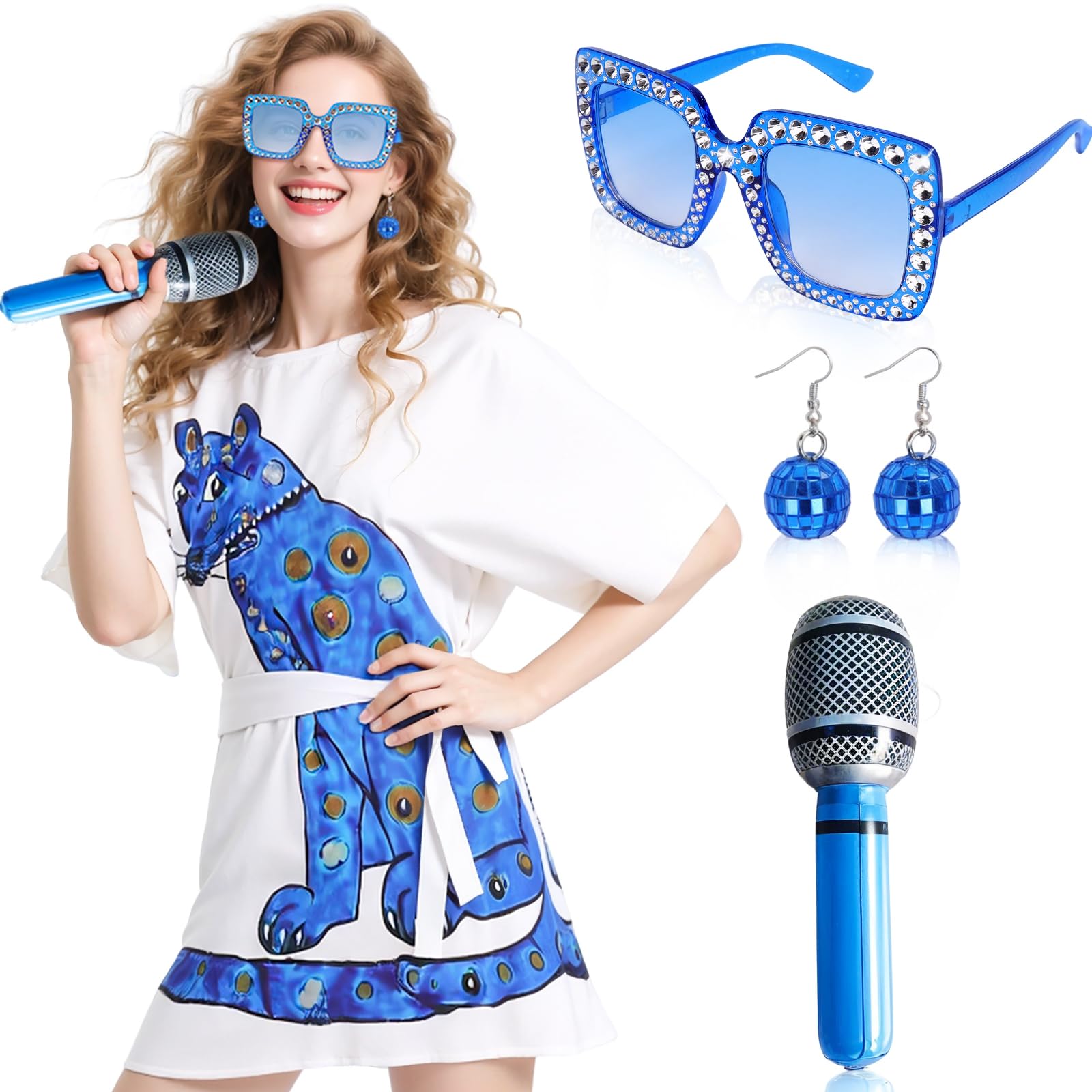 Kyndara 4Pcs Abba Costumes for Women, 70s Disco Fancy Dress Kit with 70s Vintage Dress Glasses Disco Ball Earrings Inflatable Microphone for Girls Theme Party Birthday Dance (Style-2, L)