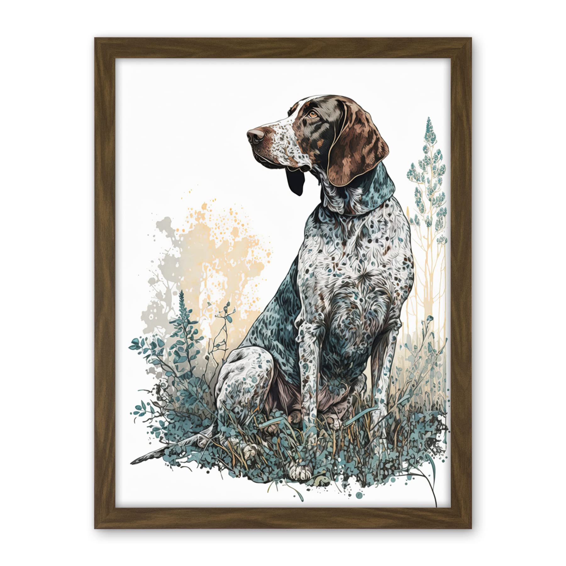 Artery8 German Pointer Dog Sitting in Field Modern Detailed Illustration Artwork Framed Wall Art Print 18X24 Inch