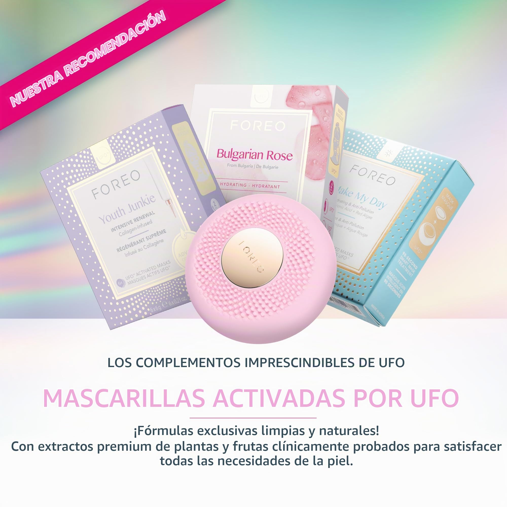 FOREO UFO 3 mini, mascarilla facial 4 en 1, Hidratante facial, Antienvejecimiento, Terapia de luz LED de espectro completo y luz roja, Termoterapia, Masajeador facial T-Sonic, Pearl Pink | Mascarilla LED, Mascarilla luz roja, Cuidado facial, Calentamiento