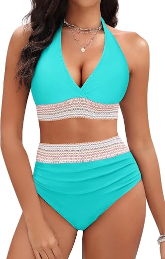 Women Tummy Control Two Piece Swimsuit - High Waisted Bathing Suit Halter Bikini Set Push Up Swimwear 2025