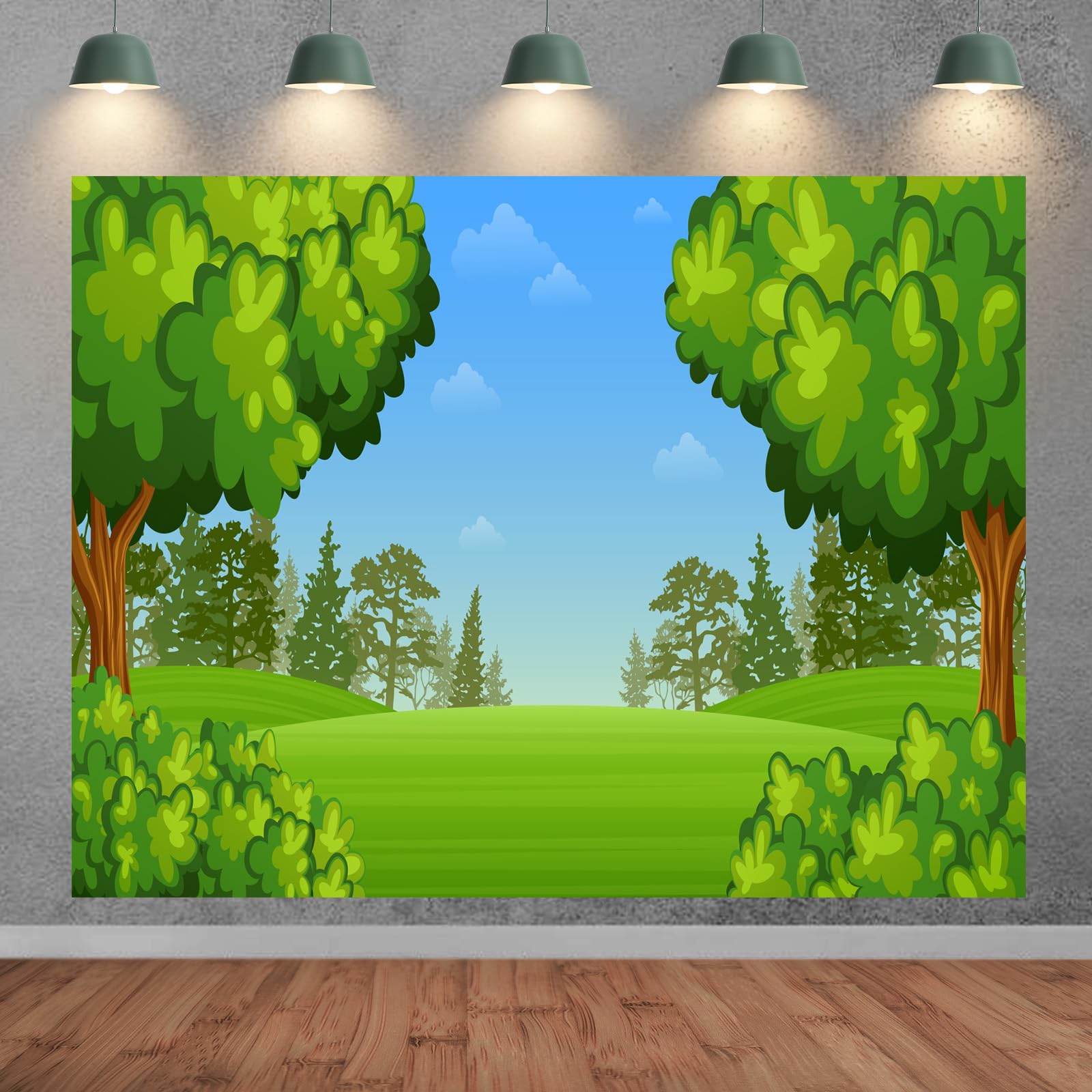 Cartone animato Foresta Sfondo 6,1x3 m Fiaba Infantile Foresta Sfondo Blu Cielo Verde Prato Paesaggio Estivo Scuola Asilo Evento Sfondo Baby Shower Compleanno Forniture