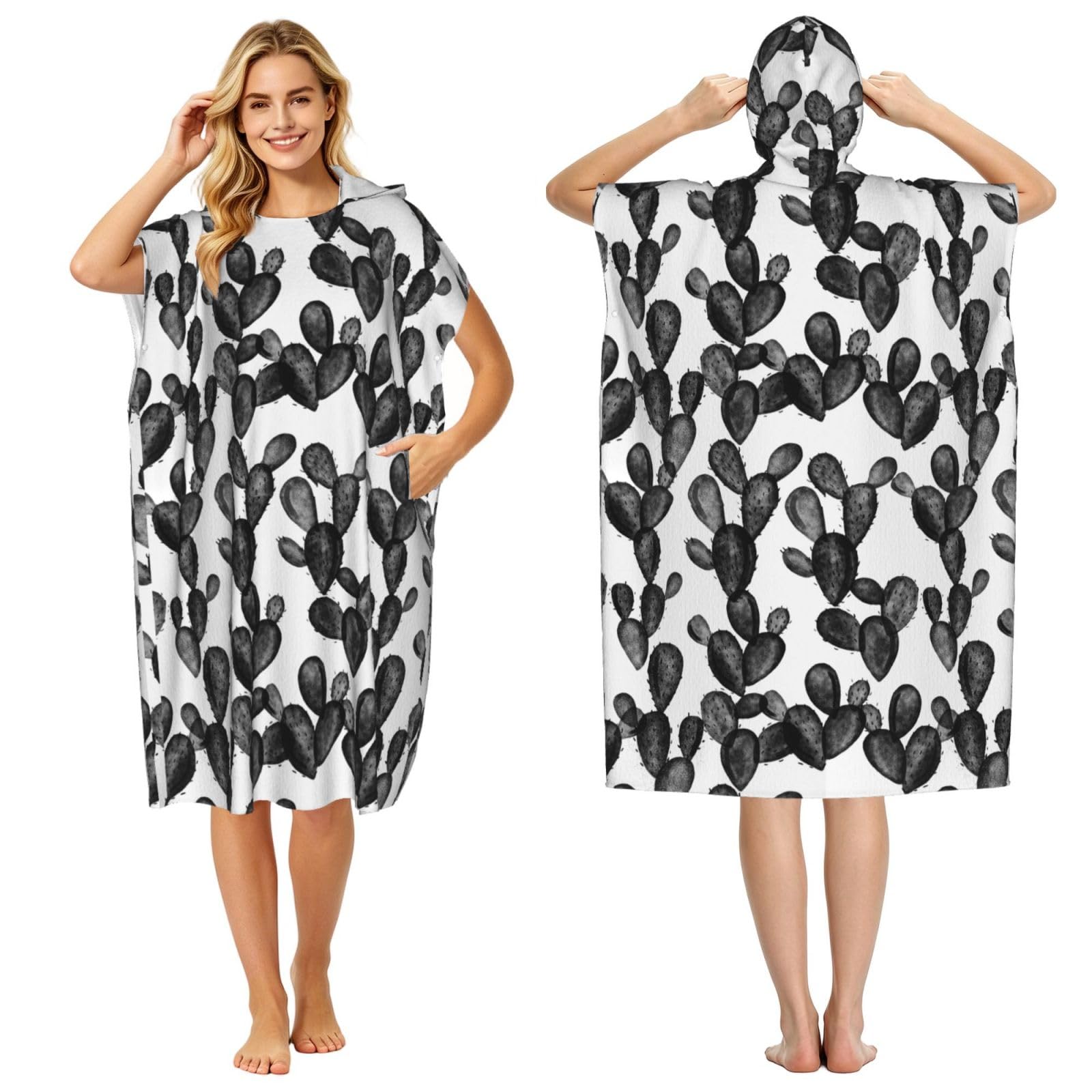 Poadnly Paddle Cactus Blackest Black, Adult Hooded Beach Towel 90 x 110 cm,Changing Bath Robe, Surf Poncho Towel For Women Men