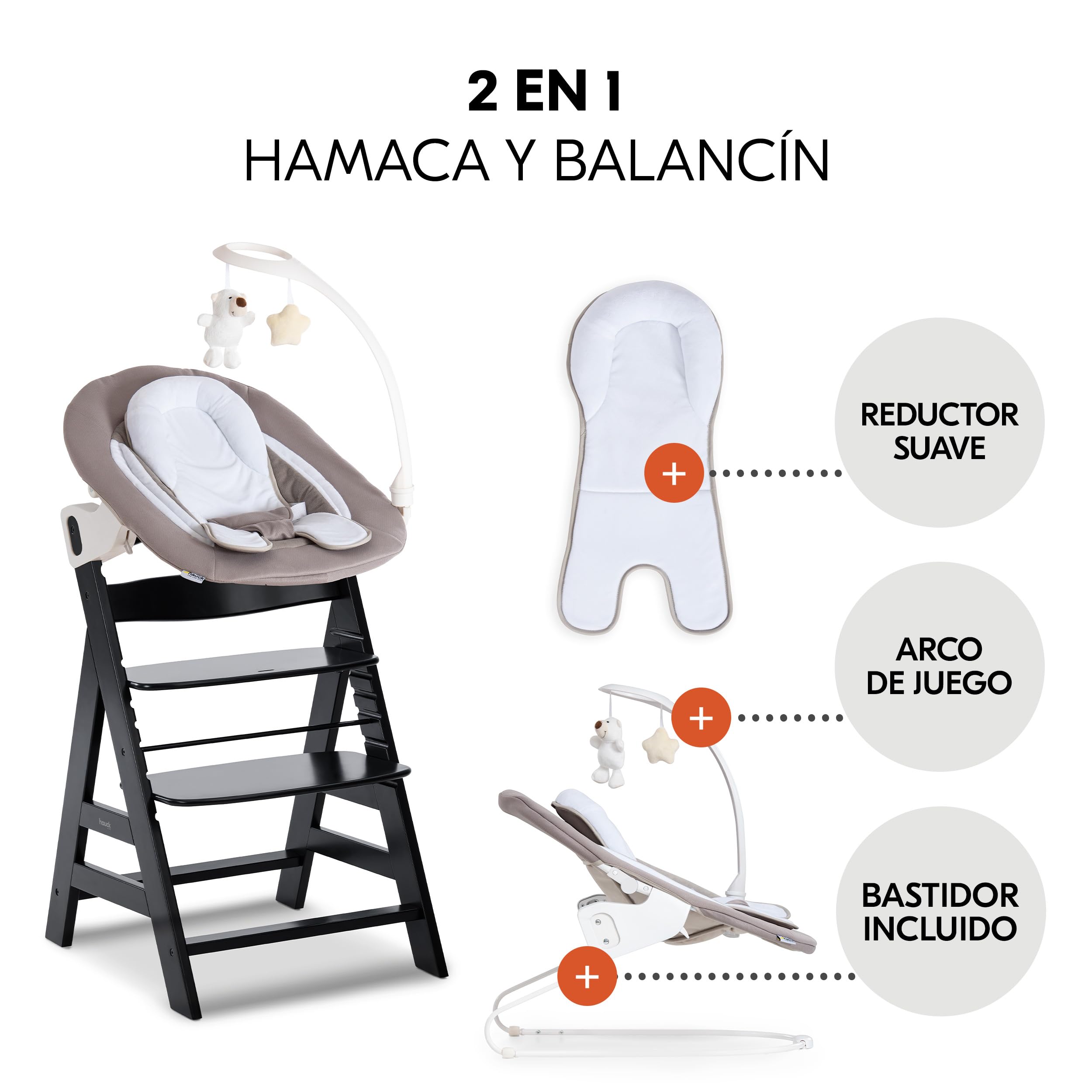 hauck Alpha Plus Newborn Set Deluxe Trona Evolutiva Bebe con Hamaca, Cojín y Arnés - Hamaca Alta Reclinable desde el Nacimiento - Silla Madera Niño Regulable - Tronas Infantiles de Madera - Negro | Trona de madera para niños desde el nacimiento hasta 90 k