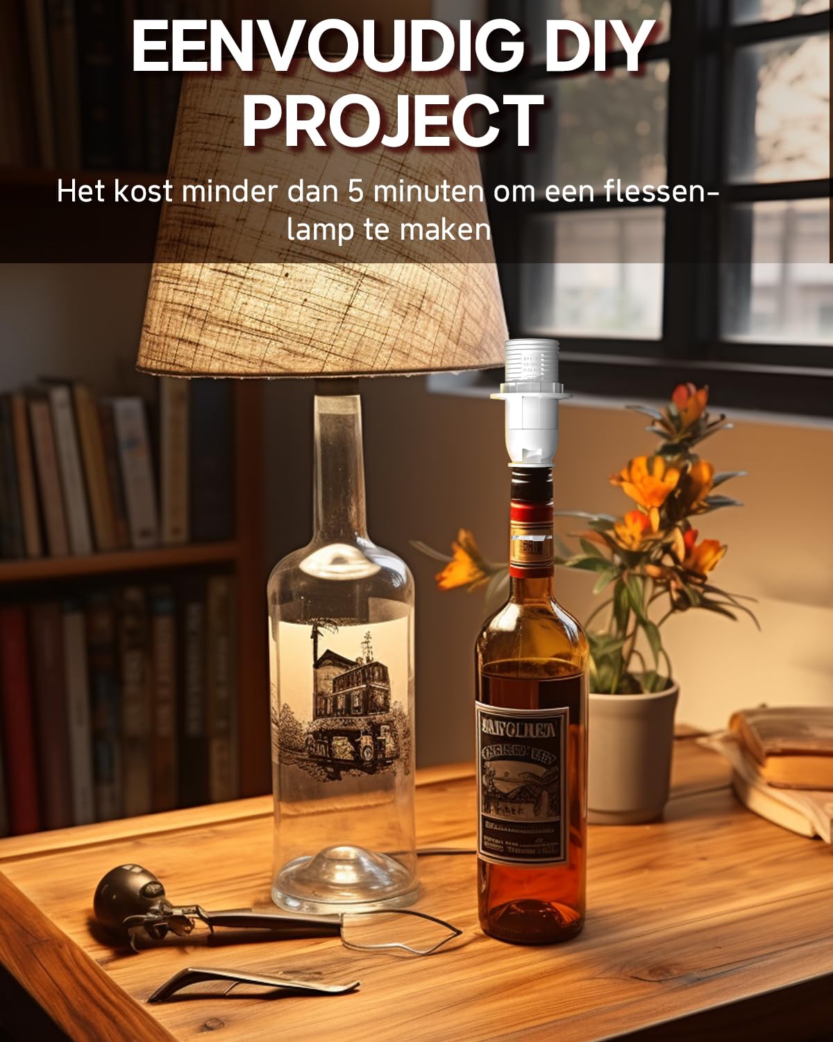 DoRight E14 Fleslamphouder met schakelaar en stekker, adapterset voor flessenlamp voor doe-het-zelf wijnfles tafellamp, wit, 2 stuks
