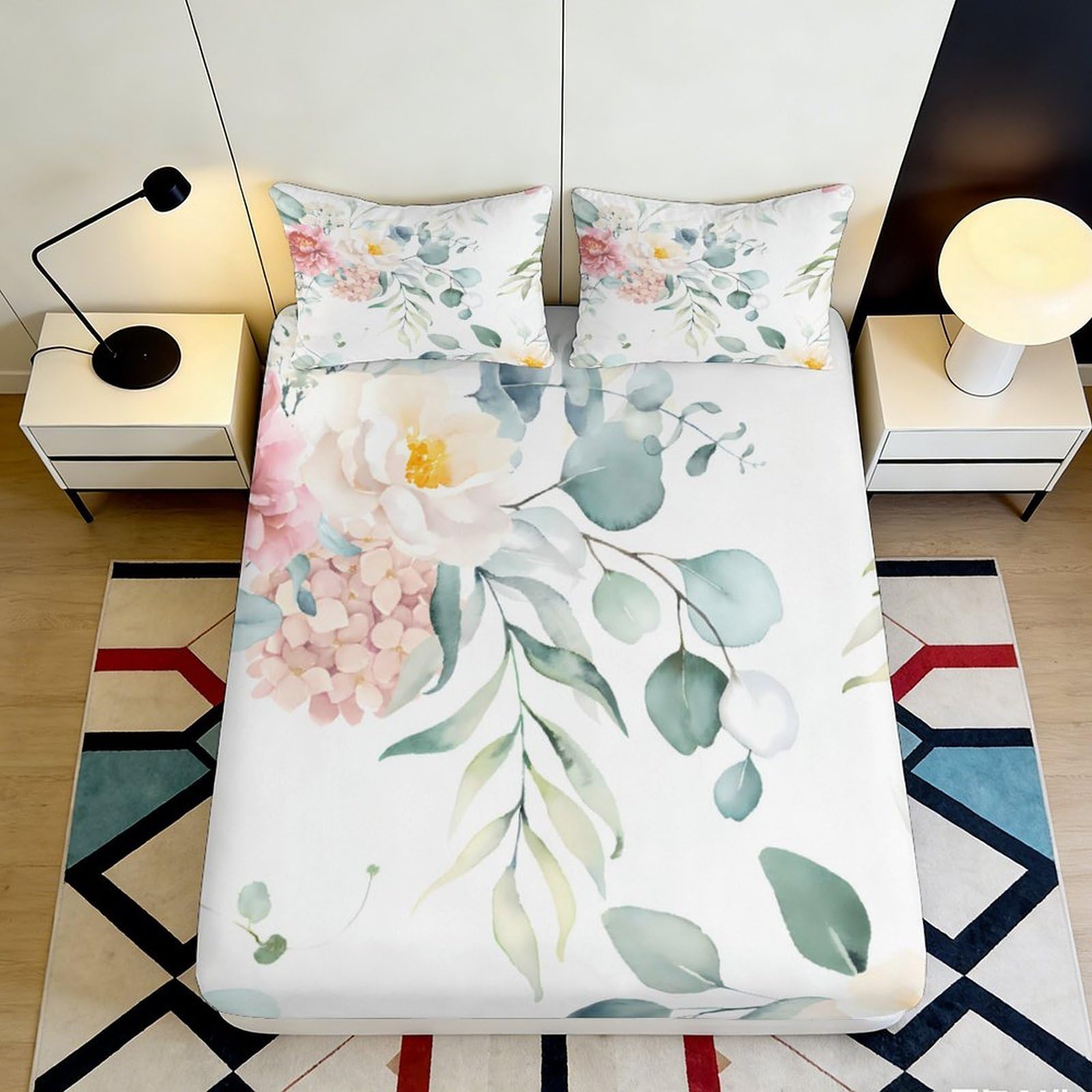 3D Printed Watercolor Floral Fitted Sheet Microfiber Soft Breathable Botanical Leaf Mattress Cover for Bedroom Dorm Decor 90x200x25cm