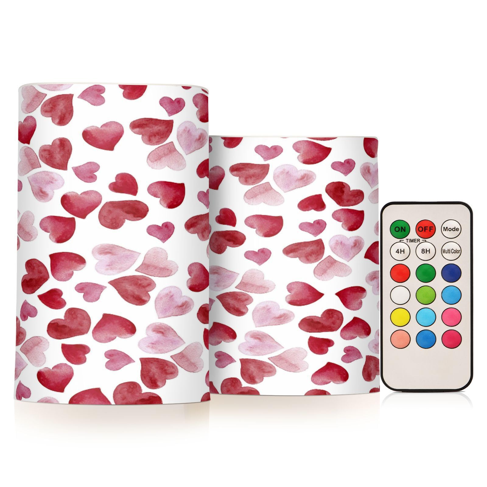 ALAZA Watercolor Red Pink Hearts Flickering Flameless Candles Battery Operated with Remote Timer,Tea Light Candles LED Pillar Votive Candles Set of 2 for Outdoor Indoor Decorations