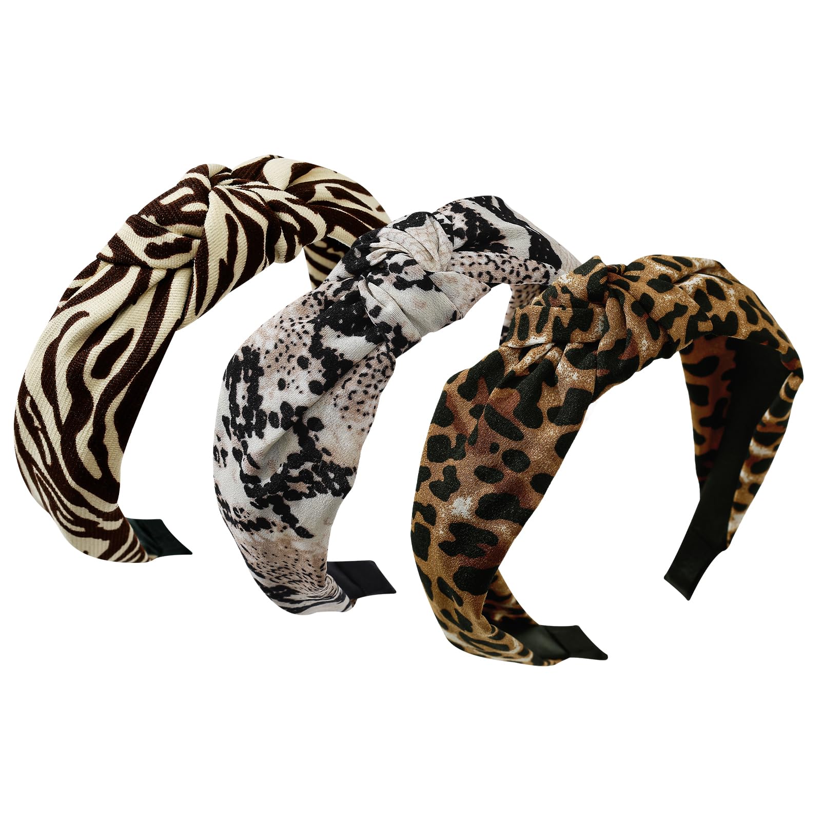 Yonchic 3-Piece Fashion Leopard Zebra Snake Printed Headbands for Women & Girls, Retro Knotted Headband, Cute Top Knot Head Bands Hair Accessories Set