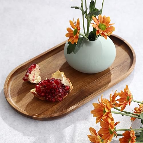 Miniatura 3 de Bandeja ovalada de madera, 2 bandejas largas de madera para servir alimentos, bandeja para tanque de inodoro de acacia, bandeja de cosméticos para