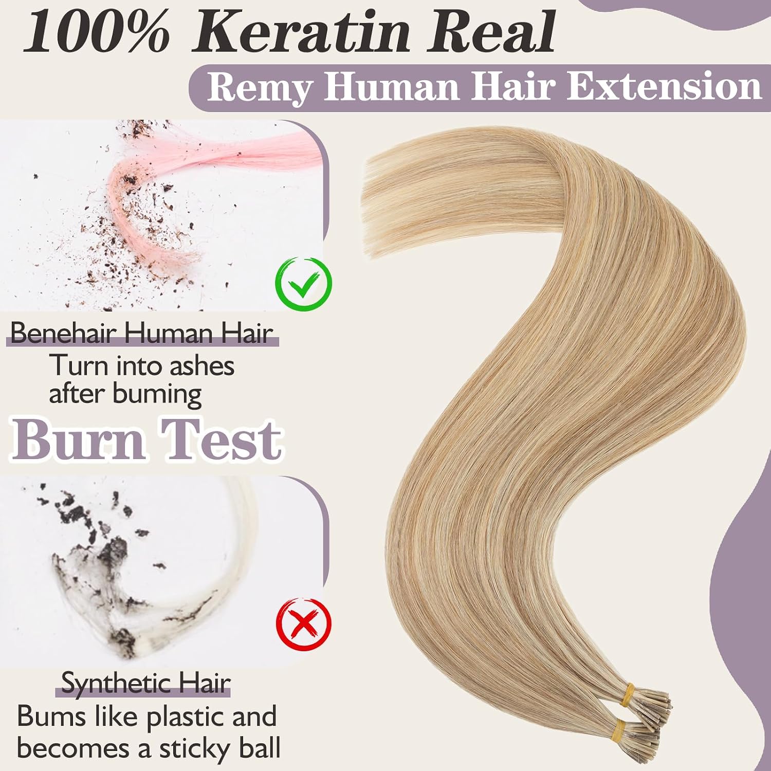 Benehair I Tip Hair Extensions Human Hair Highlights Stick Tip Hair Extensions Pre Bonded I Tip Human Hair Extensions 1g/s 50g/pack for Thinning Hair #12P613 Golden Brown&Bleach Blonde 16 Inch