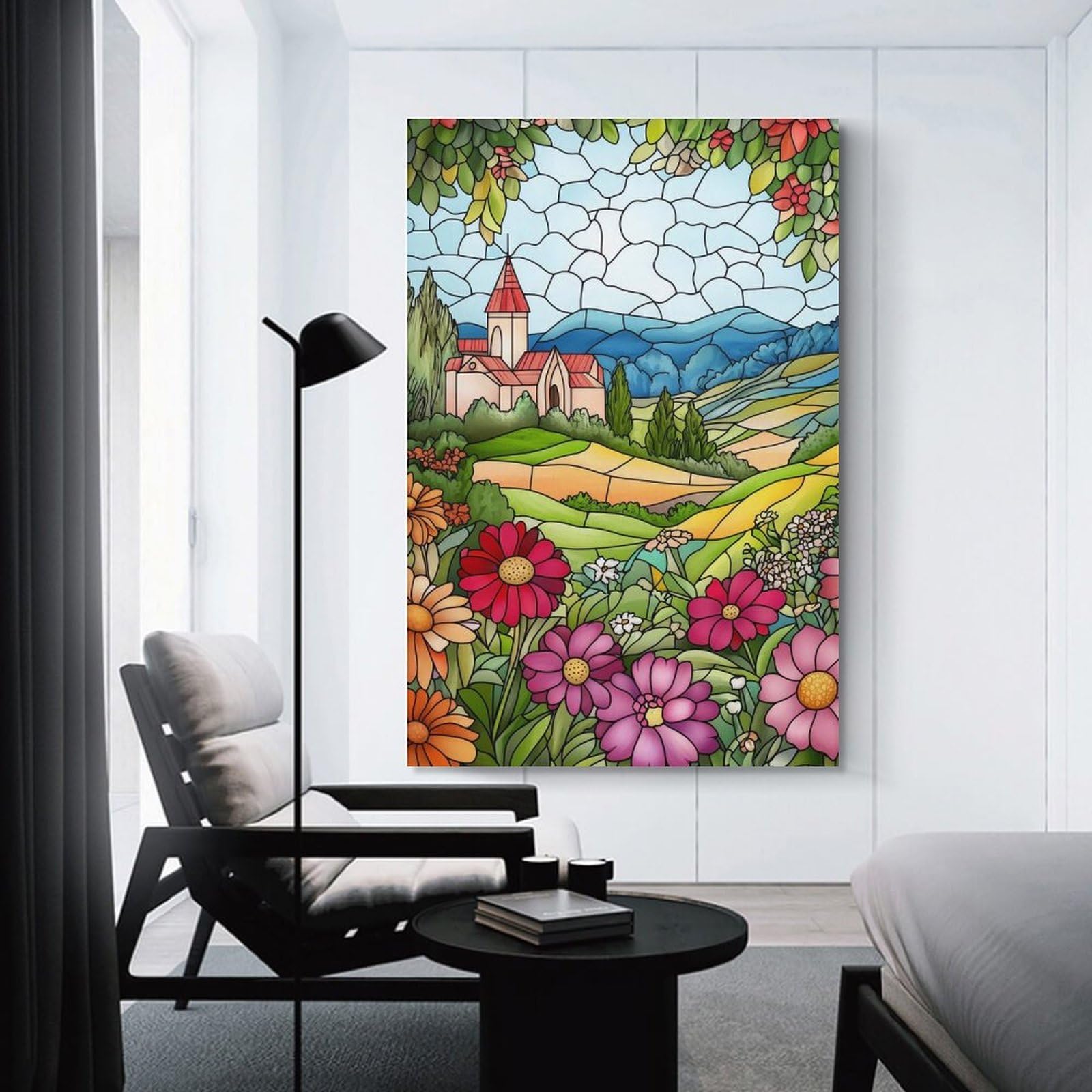 Junmoney Decorative Wall Artwork Stained Glass Countryside, 24x36inch(60x90cm), for Lounge, Bedroom Or Personal Spaces, Gift Idea for Housewarming And Birthdays